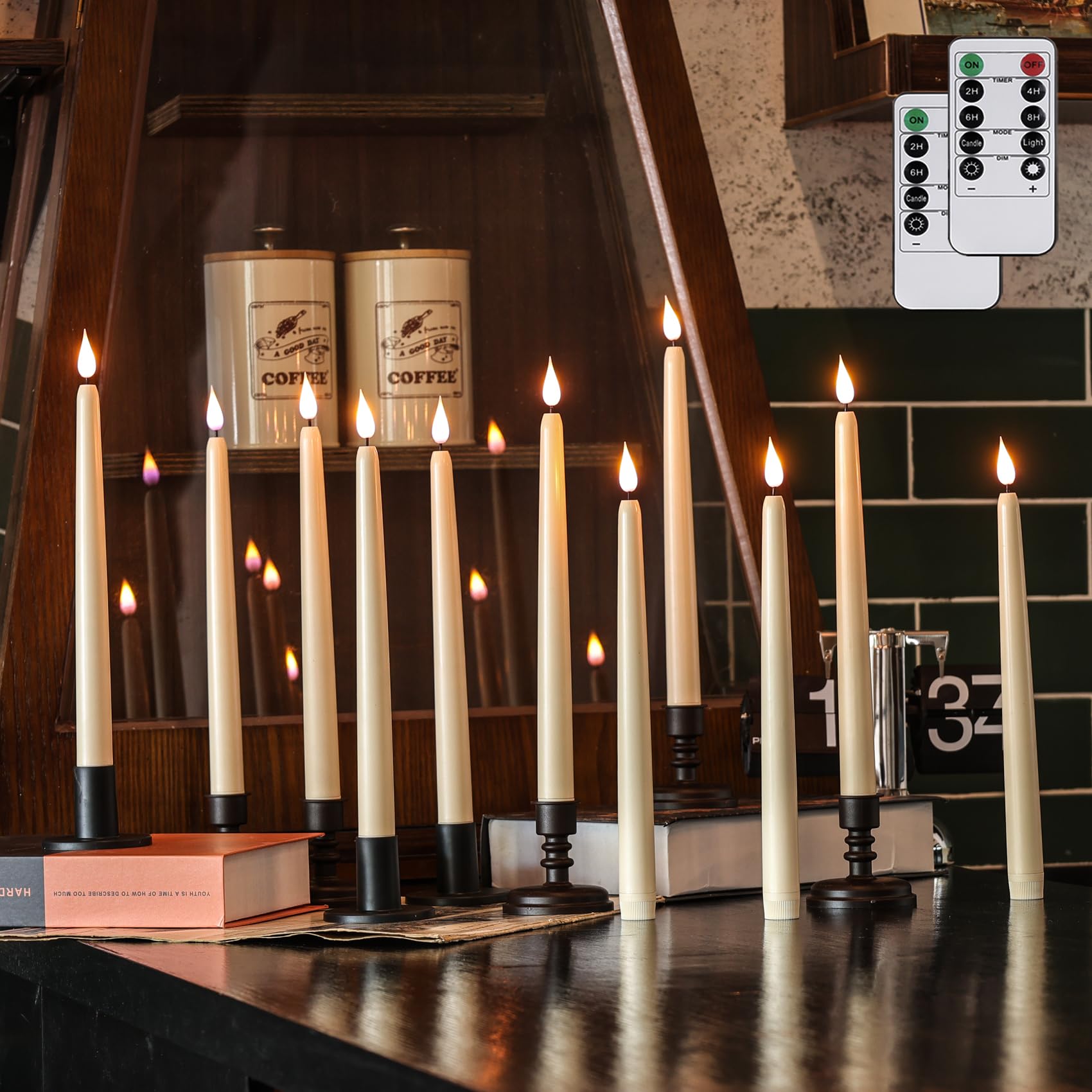 Kiexung Fireless Cone Candle Flickering, Battery Powered LED Warm 3D Candle Core Window Candle with 10 Keys Remote Control, Chri