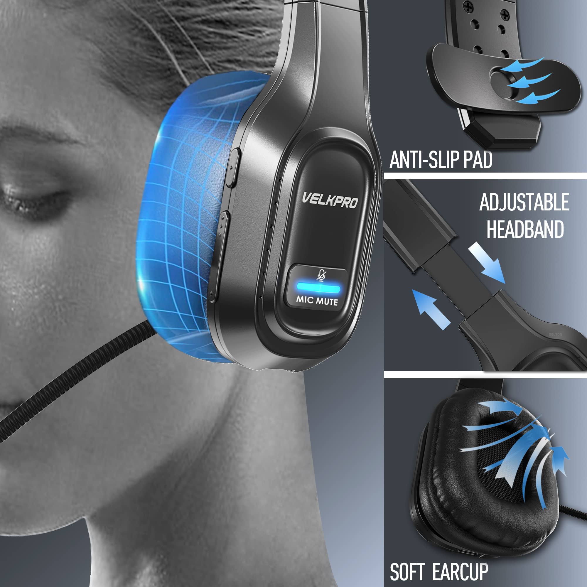 VELKPRO Wireless Headset - Single-Ear Noise-Isolating Microphone, Black, Model VPO-WH, Ideal for Call Centers and Home Office