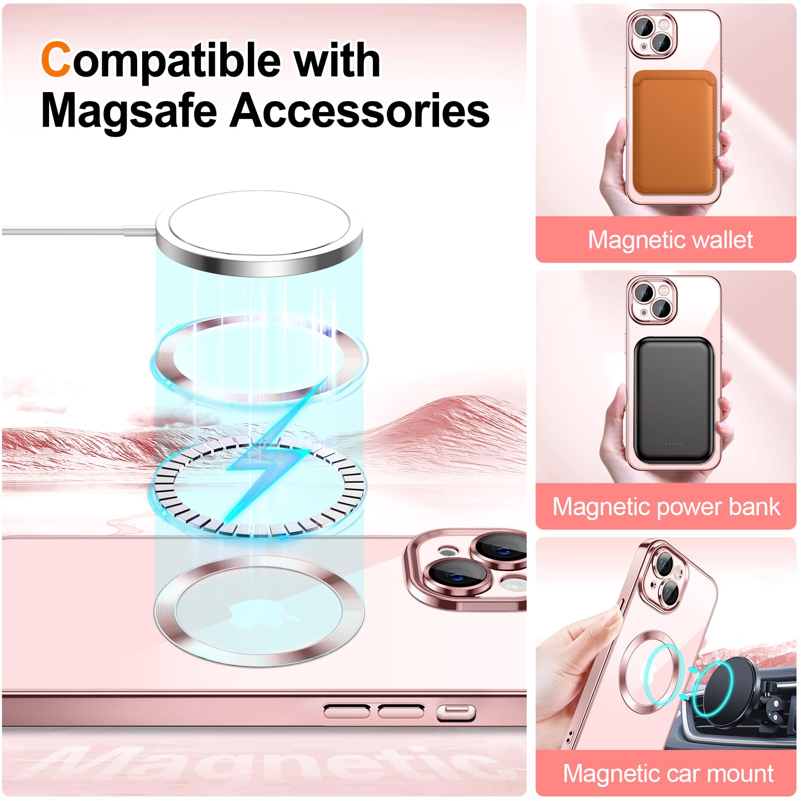 Hython For Iphone 15 Case Clear Magnetic Glitter Phone Cases [Compatible With Magsafe] Full Camera Lens Protector Slim Gradient