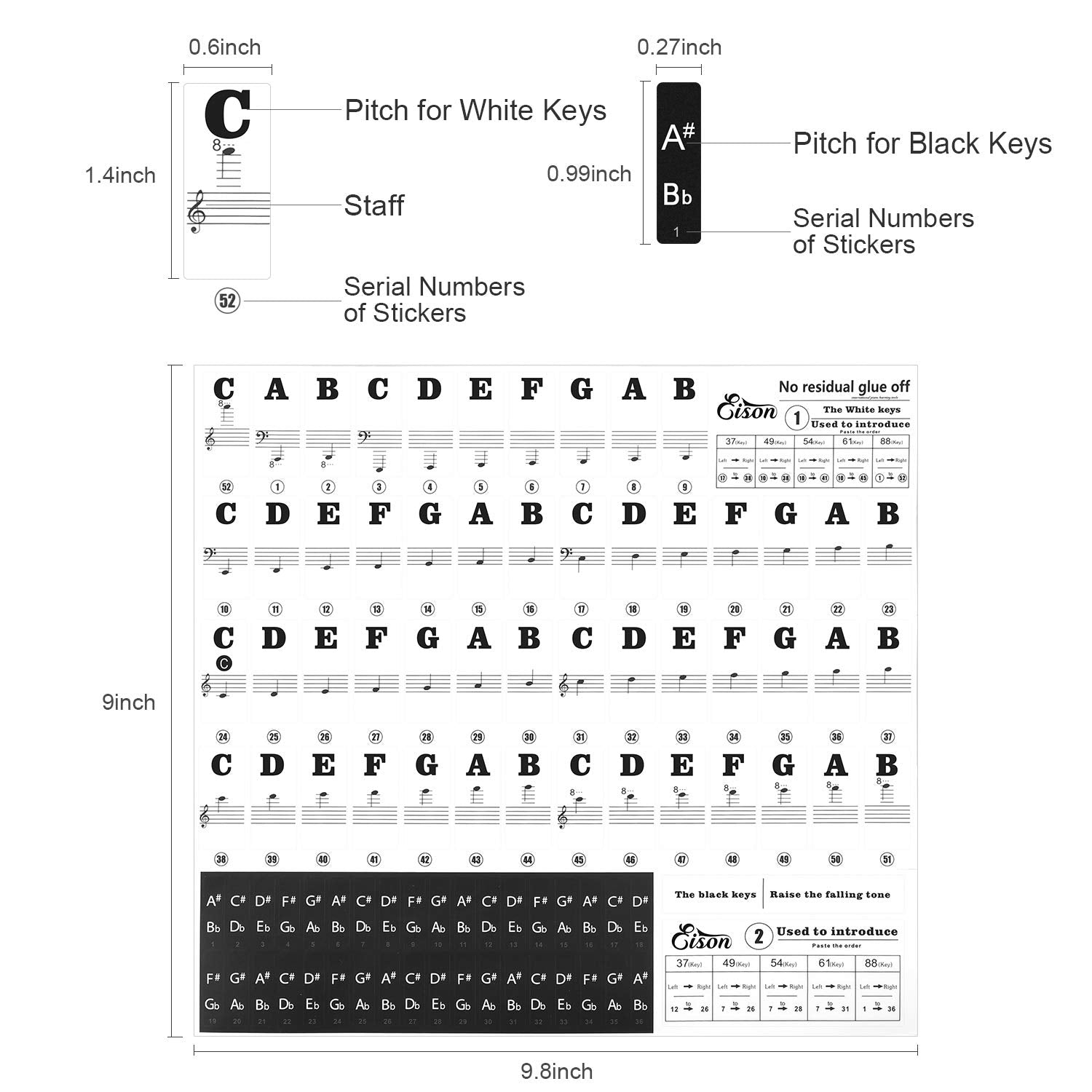 Piano Stickers For Keys, Eison Full Set Piano Keyboard Stickers For 88/61/54/49/37 Keys Removable With Numbers, Leaves No Residu