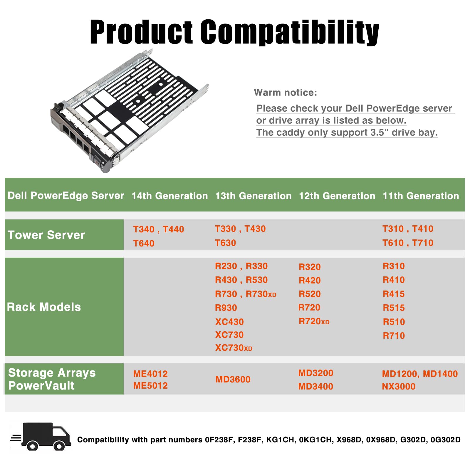 Pack 2, Hard Drive Tray Caddy F238F 0F238F For Dell Poweredge Series 11/12/13 Generation Models 3.5' Sas/Sata R430, R530, R730, T430, T630, R420, R520, R720, T420, T620, R410, R510, R710, T410, T610