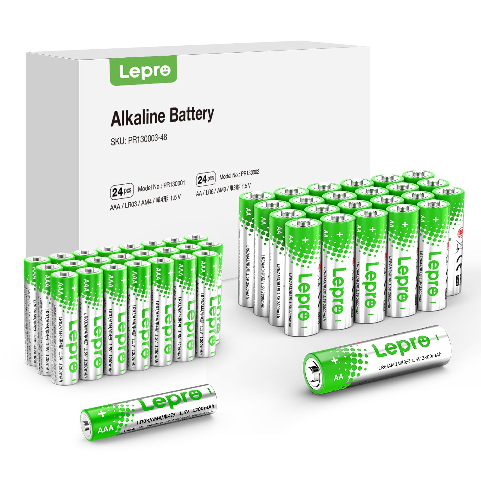 Lepro AA and AAA Batteries Combo Pack 48 Count, Batteries Variety Pack 2800mAh High-Performance Alkaline Power - 24 Double AA Ba