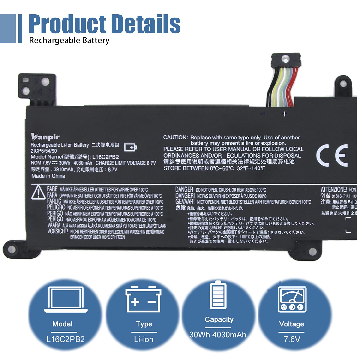 Vanpir L16C2Pb2 Laptop Battery Compatible With Lenovo Ideapad S145 14Api/15Api 320 14Ast/14Iap/14Ikb 320 15Abr/15Ast/15Iap Serie