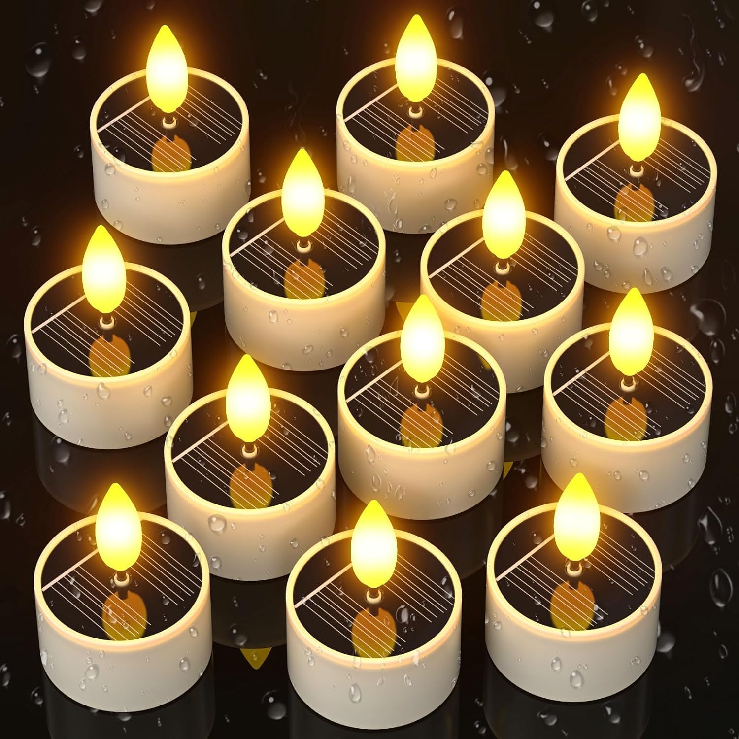 SoulBay Solar Tea Lights Outdoor Waterproof, 12 pcs 1.5 D x 2.1 Reusable Dusk to Dawn Flickering Small LED Tealight Candles, Fla