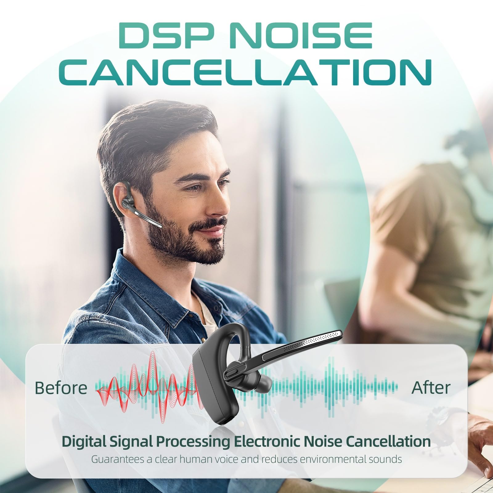 Bluetooth Headset With Noise Cancelling Mic, Bluetooth Earpiece For Business & Office Teams, Charging Case & Dongle For Iphone C