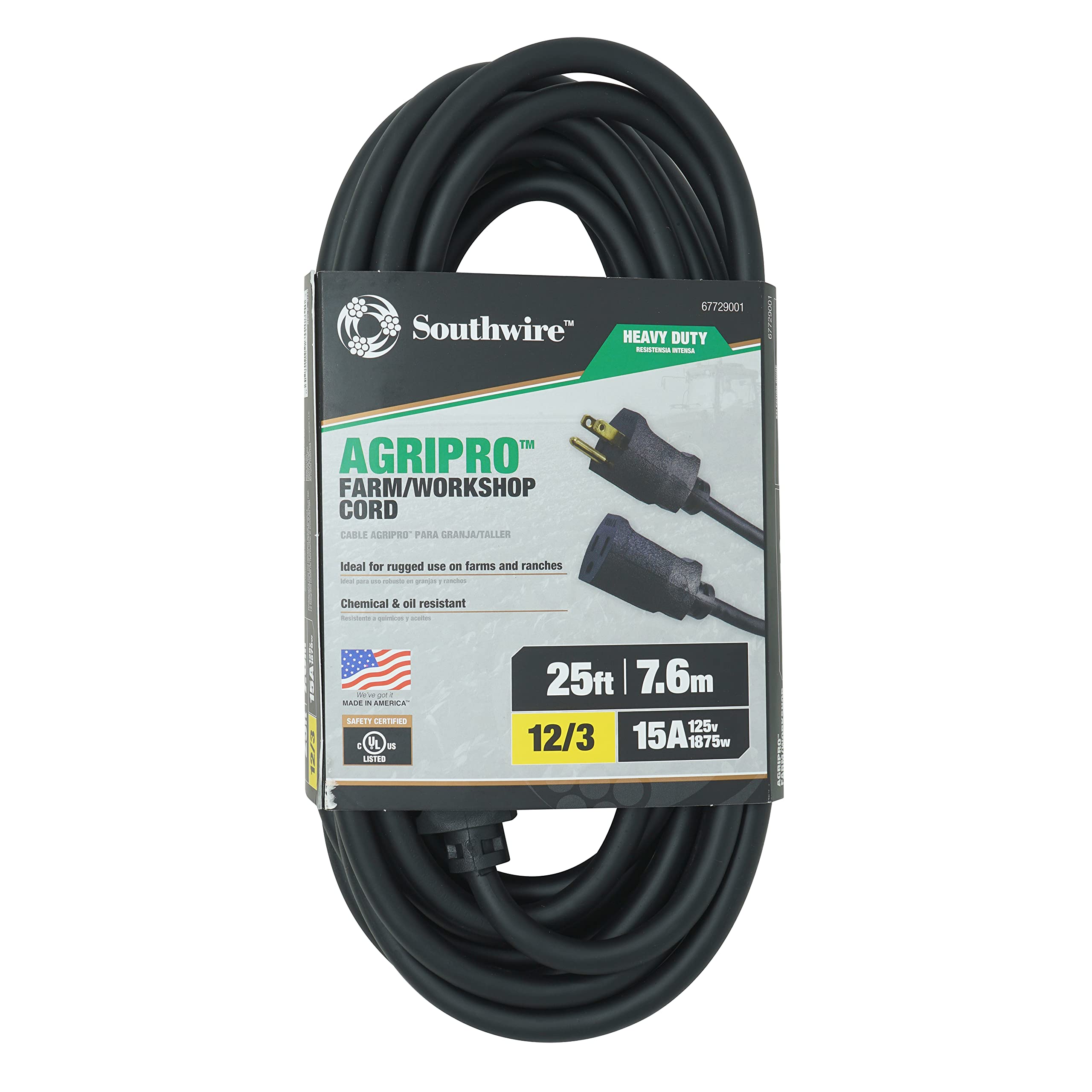 Southwire Agripro 12/3 Heavy Duty Extension Cord, 25Ft, Farm/Workshop Cord, Sjtow, Black, 67729001