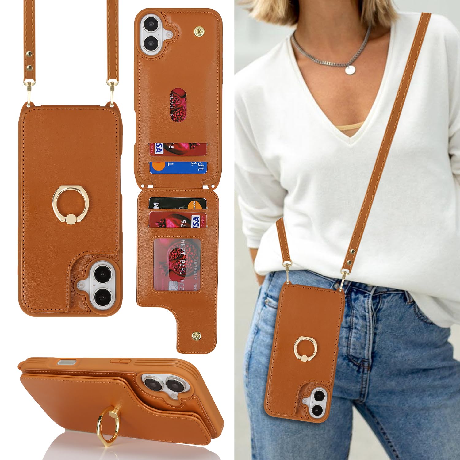 Lipvina for iPhone 16 Case with Card Holder and Strap for Women,Crossbody Lanyard,Ring Stand,Snap Clasp,Cute Phone Wallet Cases 