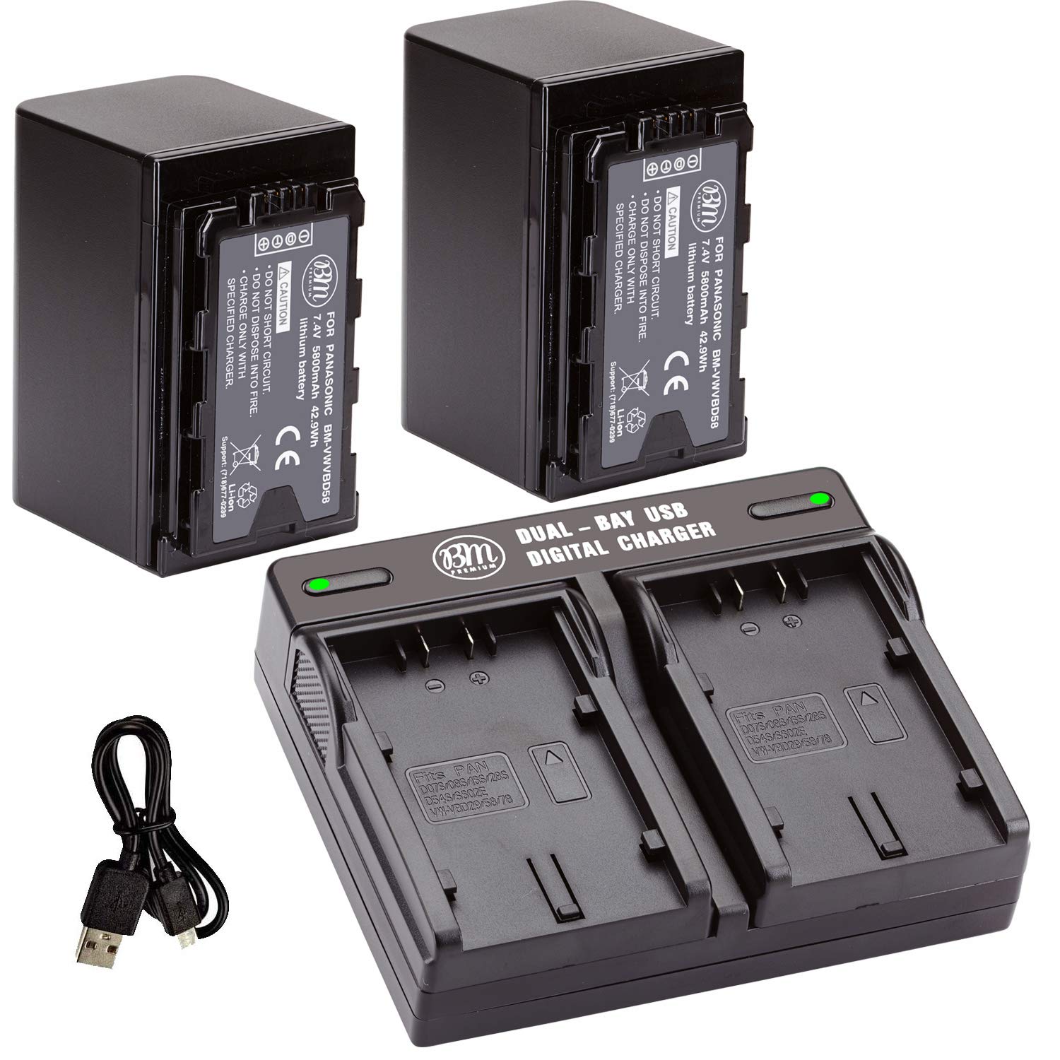 BM Premium 2 VW VBD58 Batteries and Dual Bay Charger for Panasonic AG VBR59, BGH1, HC X1, HC X1500, HC X2000, AG CX10, AG CX350, AG UX180, AG AC30, AG UX90, AG DVX200, HC MDH3E, AJ PX270, AJ PX230
