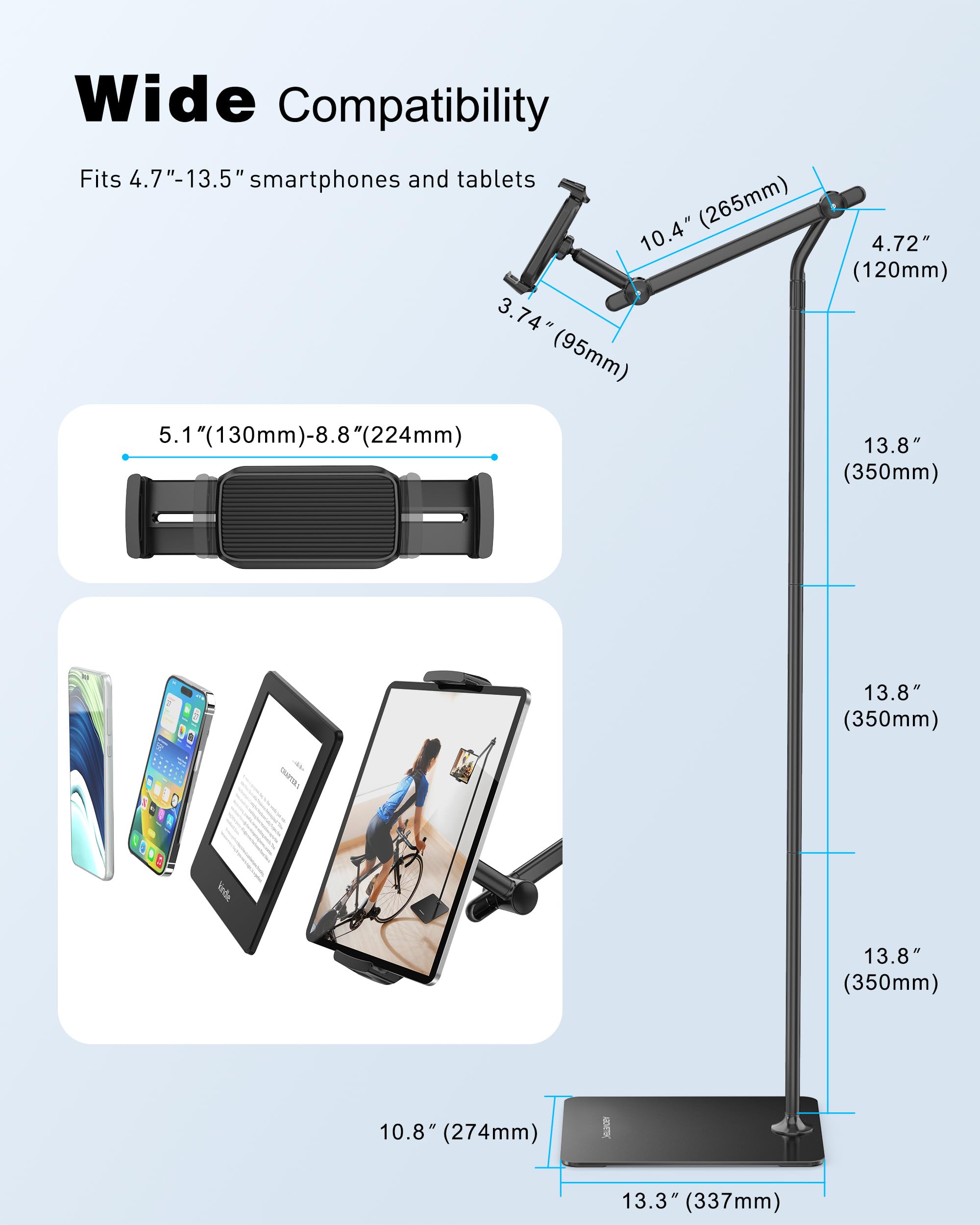 AboveTEK Tablet Floor Stand, Stylish Adjustable iPad Floor Stand, Aluminum 360� Rotation Tablet & Phone Holder for Sofa Bed, Compatible w/ 4.7' 13.5' iPhones, iPad Pro Air Mini 12.9, Tablets, Kindles