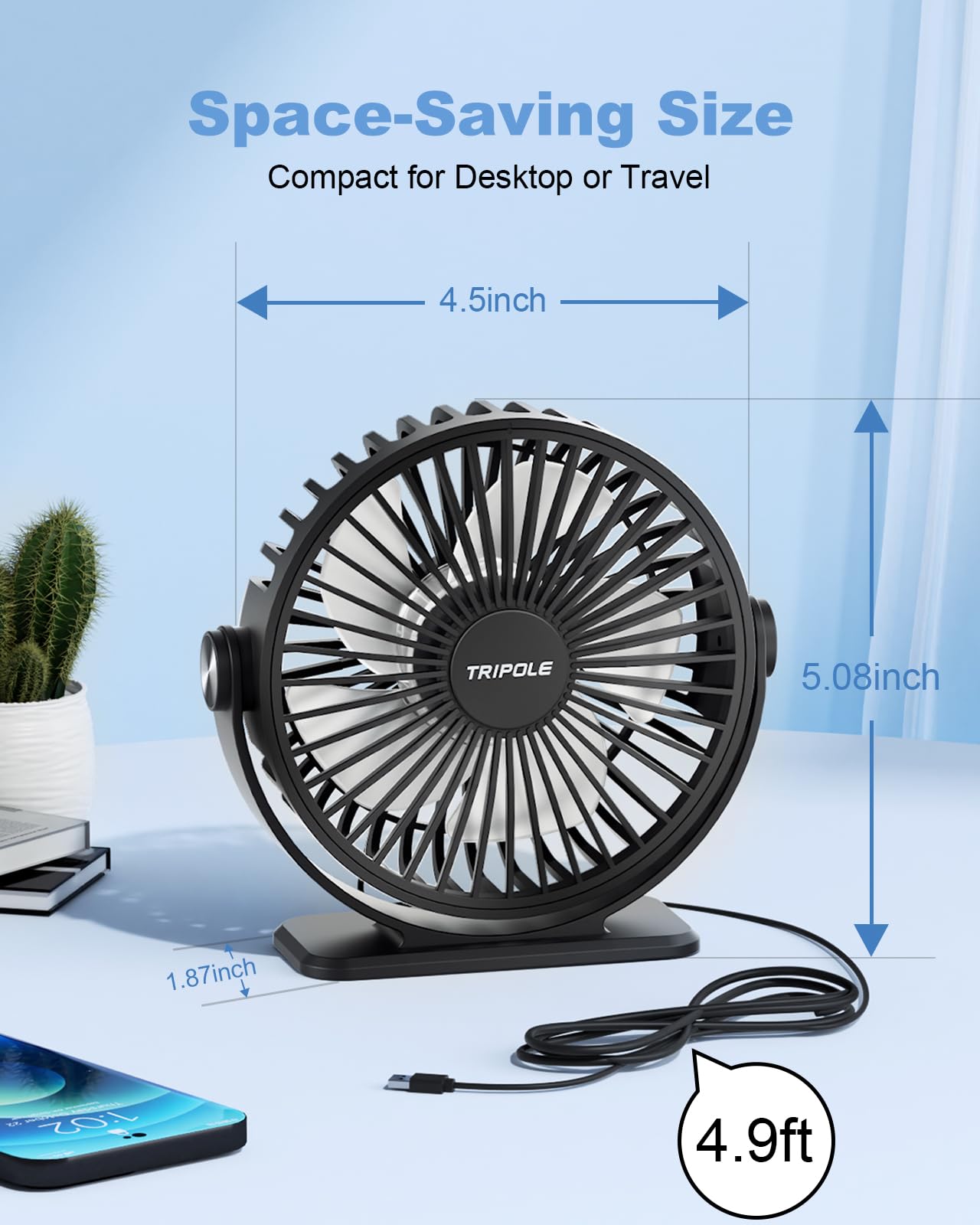 Tripole Desk Fan Usb Powered Small Portable Fan, 3 Speeds Adjustable Strong Breeze Mini Personal Fan, 360 Rotation Quiet Plug In