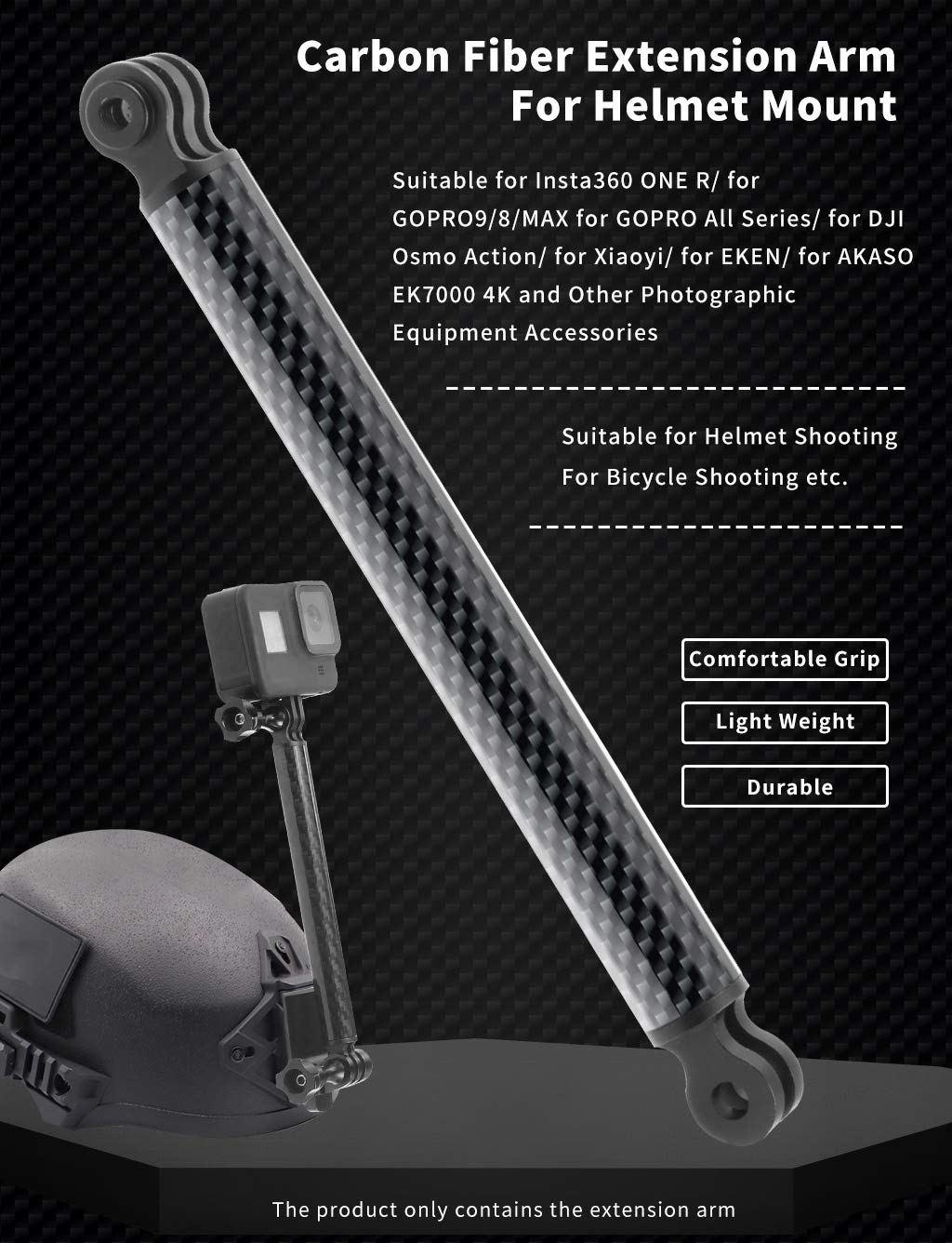 Feichao Helmet Extension Arm Pole Mount Carbon Fiber Compatible With Gopro 9/Max/8/7/6,Insta360 One R, Dji Osmo Action, Ek7000 4