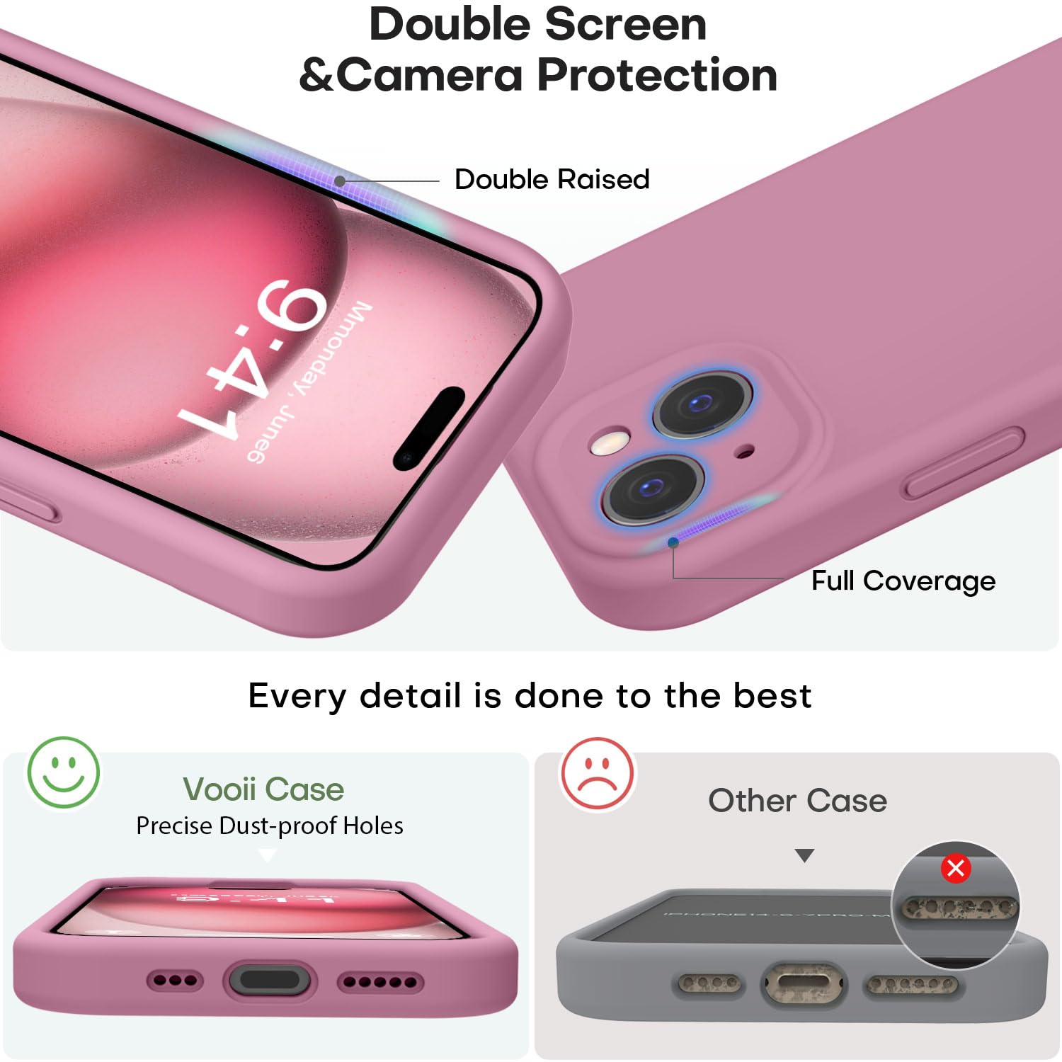 Vooii Compatible With Iphone 15 Case, Upgrade Defender Liquid Silicone, [Enhanced Camera Protection][Soft Anti Scratch Microfibe