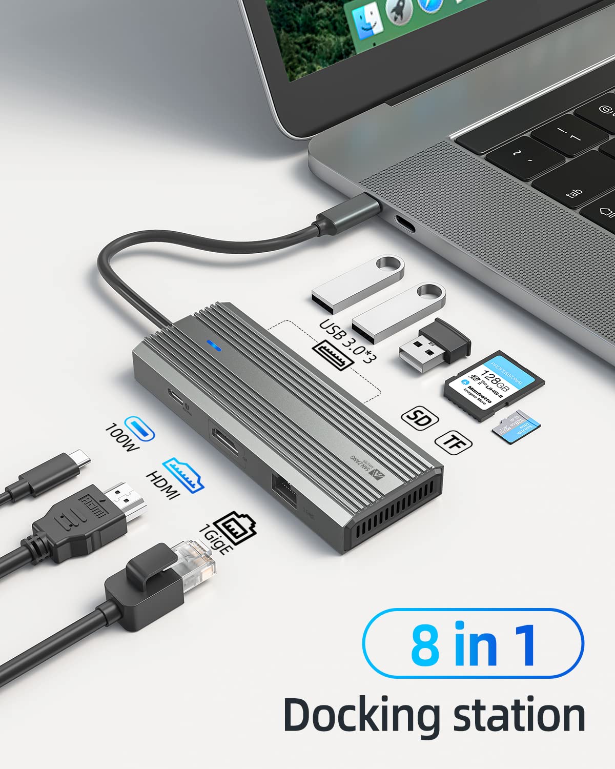 Usb C Hub, Sanzang 8 In 1 Usb C Docking Station To Hdmi Adapter, 4K@60Hz Hdmi, 1Gbps Ethernet,100W Pass Through Charging, Sd/Tf