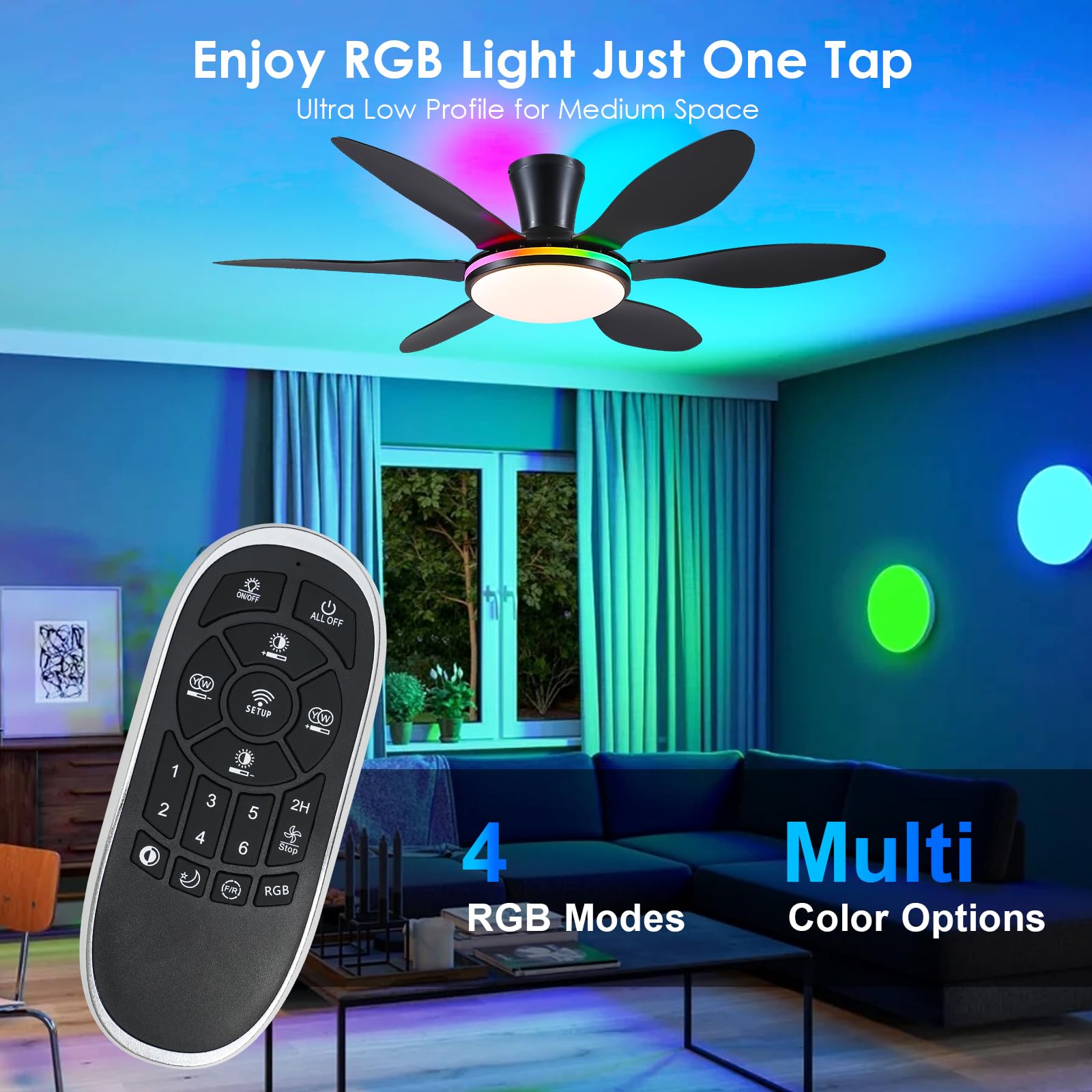 Bayday Ceiling Fans With Lights, Flush Mount Ceiling Fan Led Lights Quiet Dc Dimmable 6 Blades (Black Fan, Led Light + Side Rgb