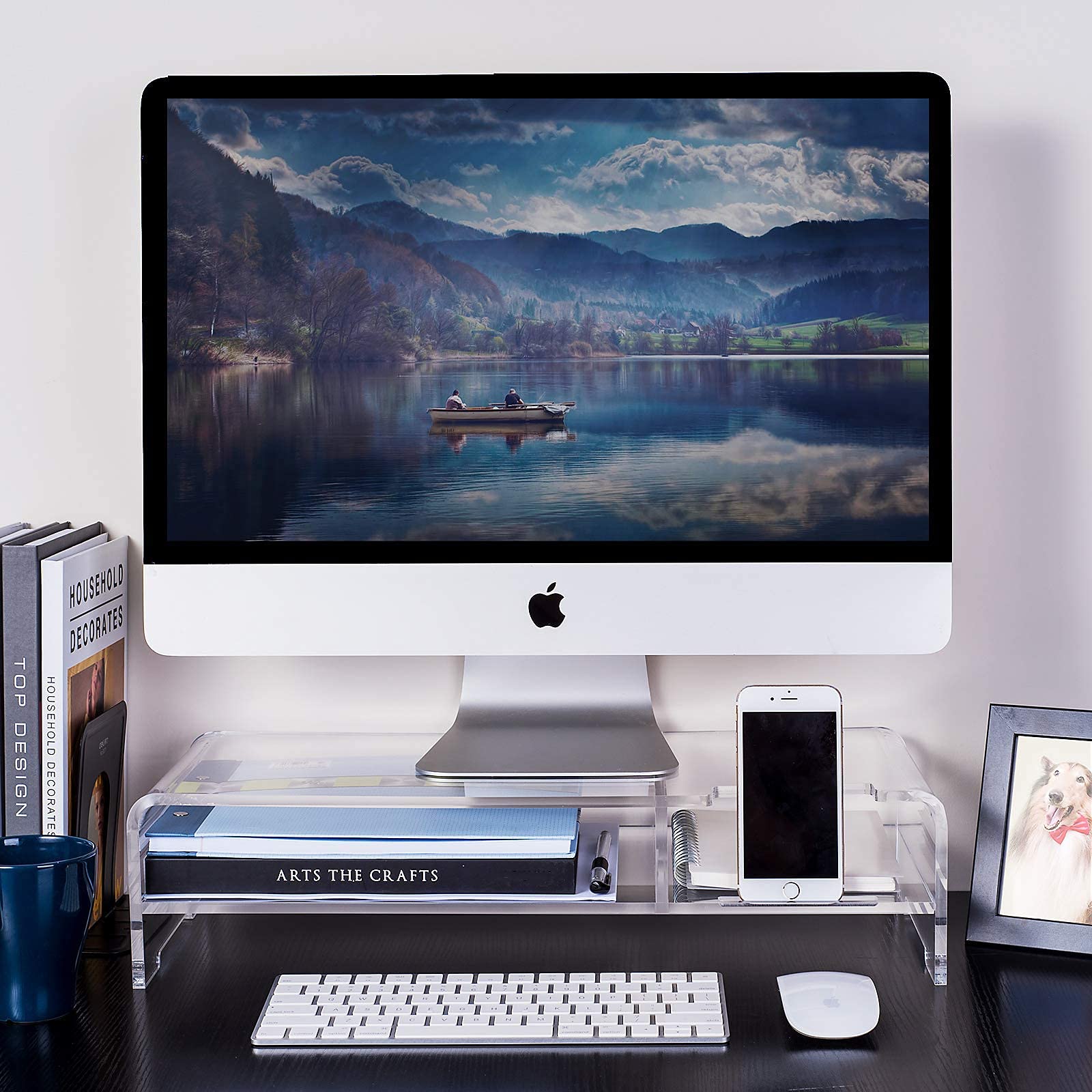 Beygorm Acrylic Monitor Stand Riser, Wide 20'', 2 Tier Computer With Storage, Desk Organizer Desktop Printer Laptop Storage Shel