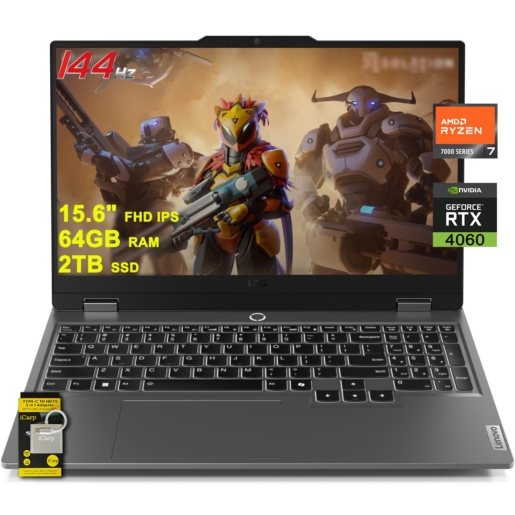 Lenovo LOQ Gaming Laptop 15.6 FHD IPS 144Hz (100% sRGB G-SYNC) AMD Octa-Core Ryzen 7 7435HS (Beats i7-12650H) 64GB RAM 2TB SSD G