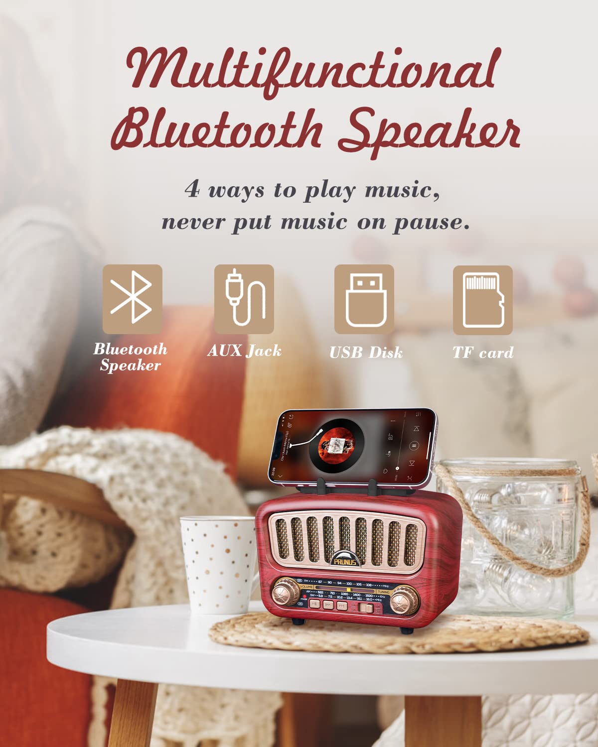 Prunus J 180 Vintage Retro Radio Bluetooth Speaker With Stereo Sound, Am Fm Radio Portable With Loud Volume, Bt5.0, Tf Card & Mp3 Player, Rechargeable Speaker