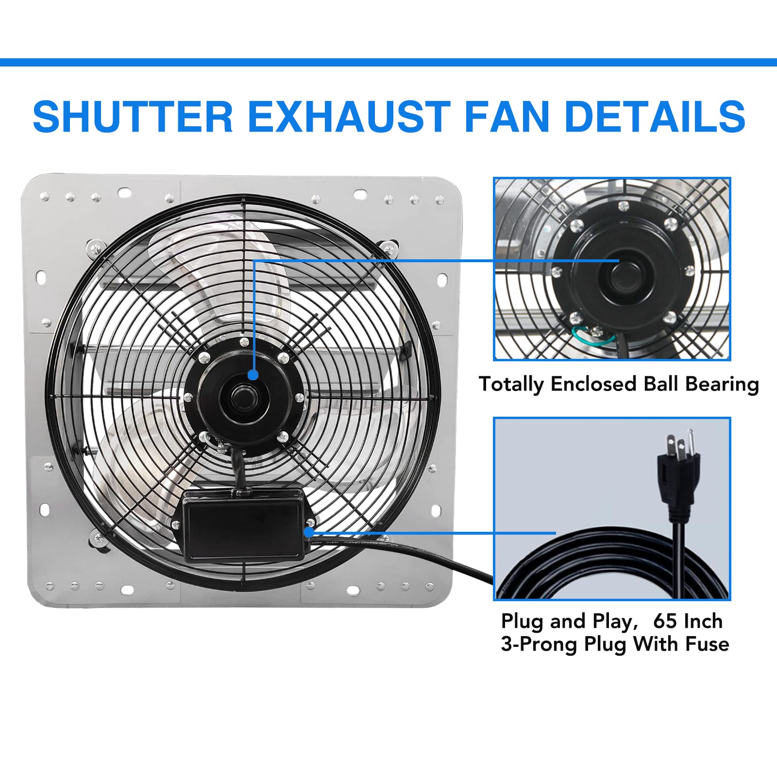 Jpower 14 Inch Shutter Exhaust Fan, Gable Vent Fan, Wall Mount Ventilation, High Speed 1950 Cfm, Automatic Aluminum Blades, For