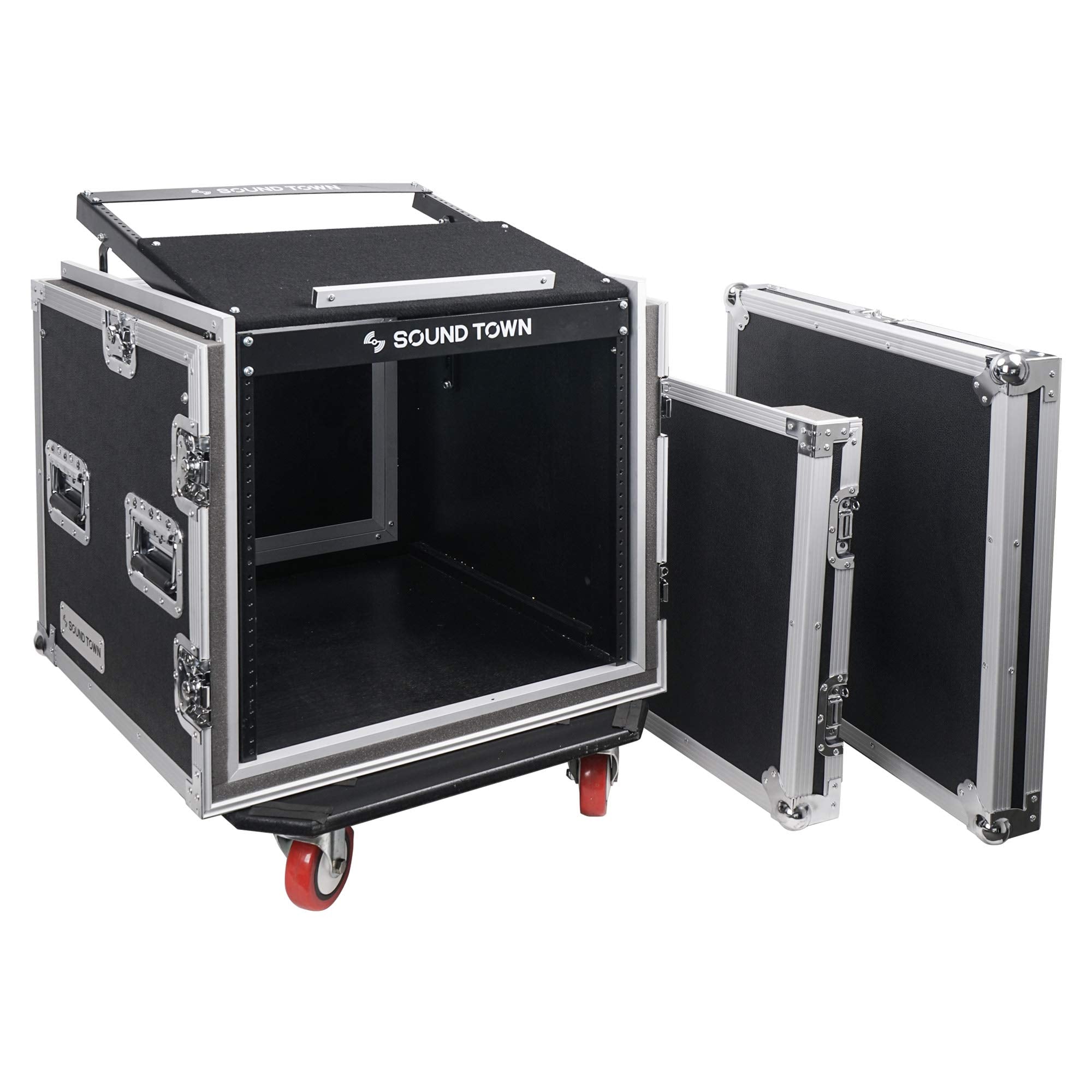 Sound Town Shock Mount 10U Ata Rack Case With 20    Rackable Depth, 11U Slant Mixer Top And Casters, 10 Space Size   Pro Tour Gr