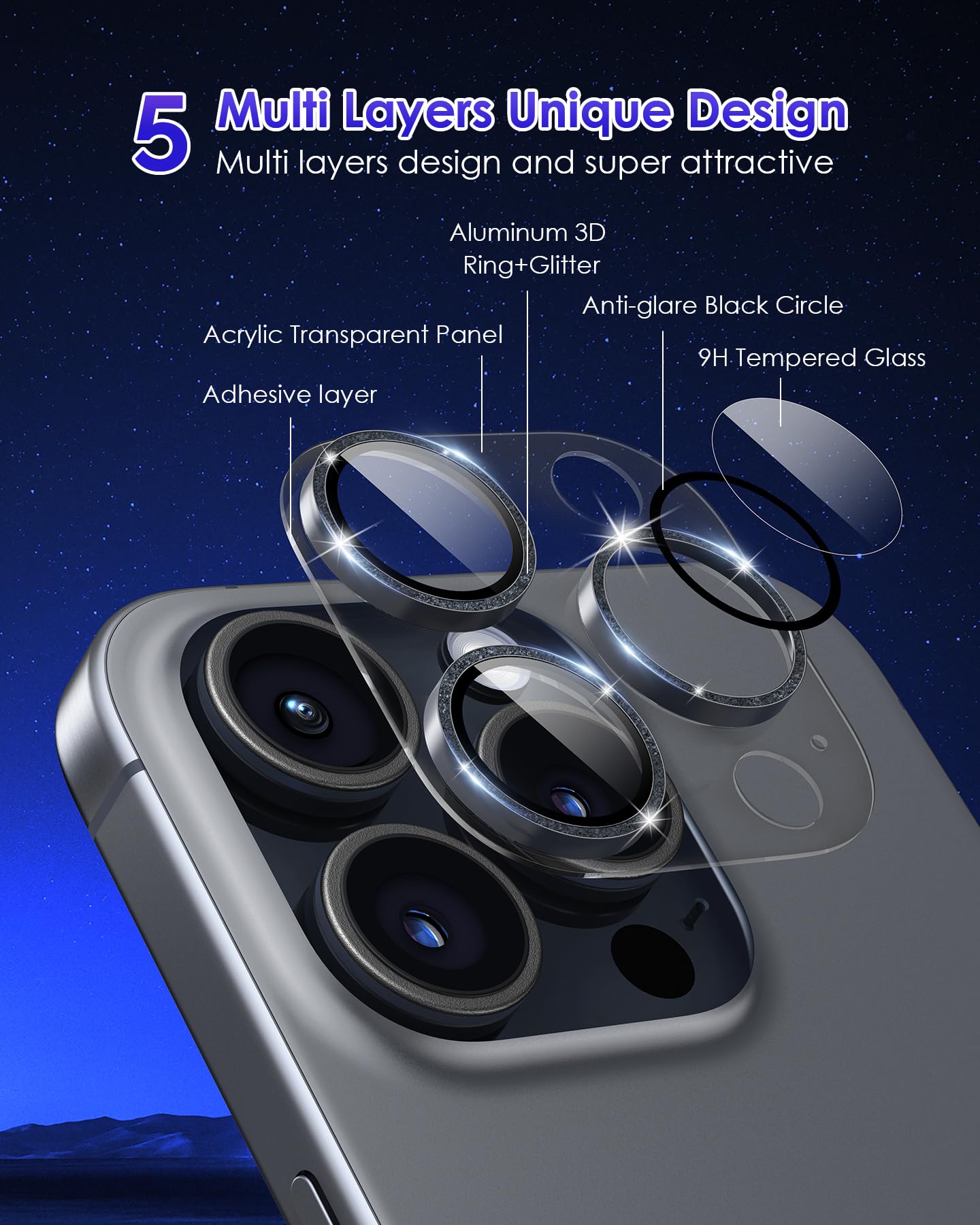 Kanosan For Iphone 16 Pro Max/Iphone 16 Pro/Iphone 14 Pro/Iphone 14 Pro Max Camera Lens Protector Glitter, Clear Acrylic Plus Al