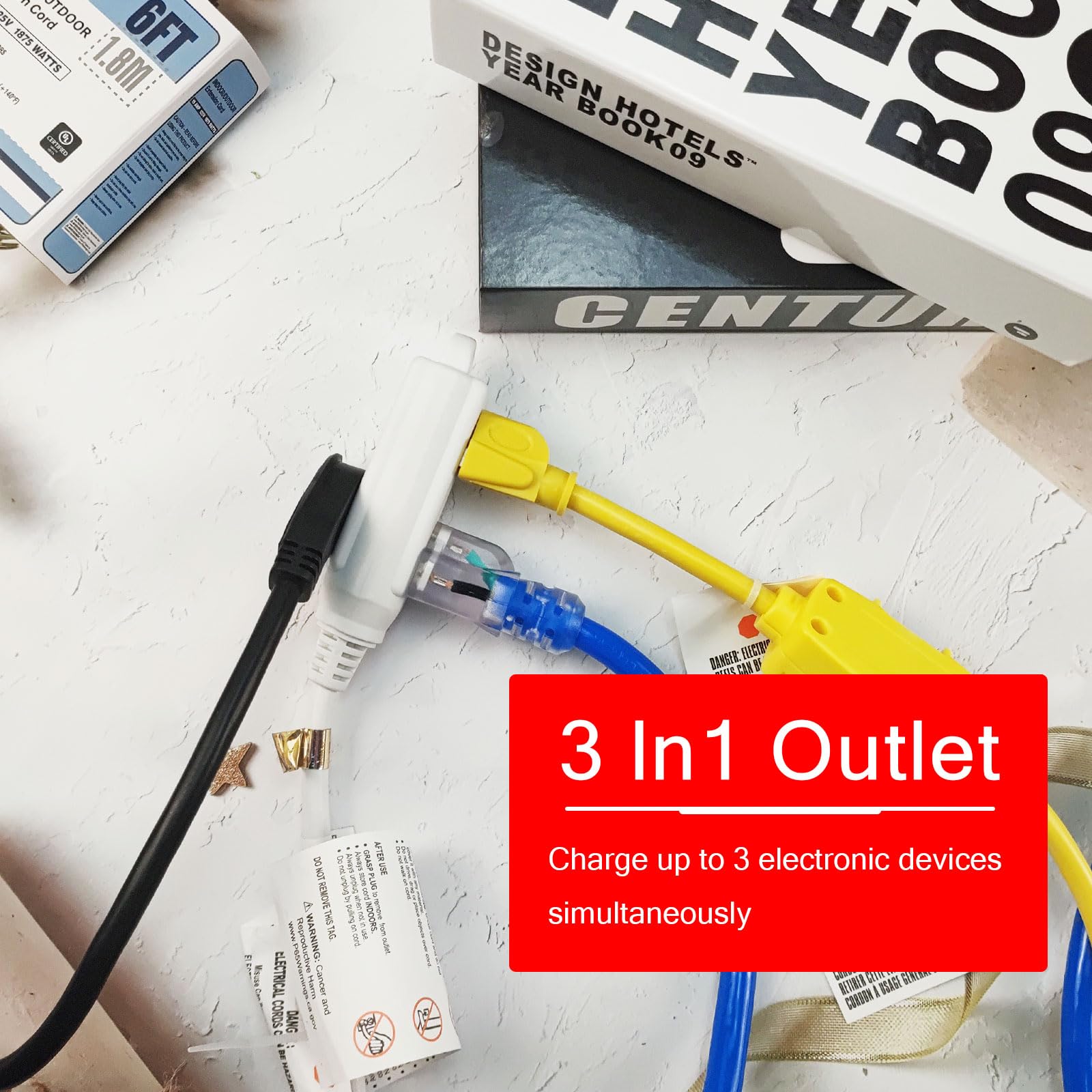 Ep Low Profile 15 Ft Flat Plug Extension Cord   16 Awg 3 Prong Grounded Cable With 3 Outlets, Perfect For Indoor Use, White, Ul