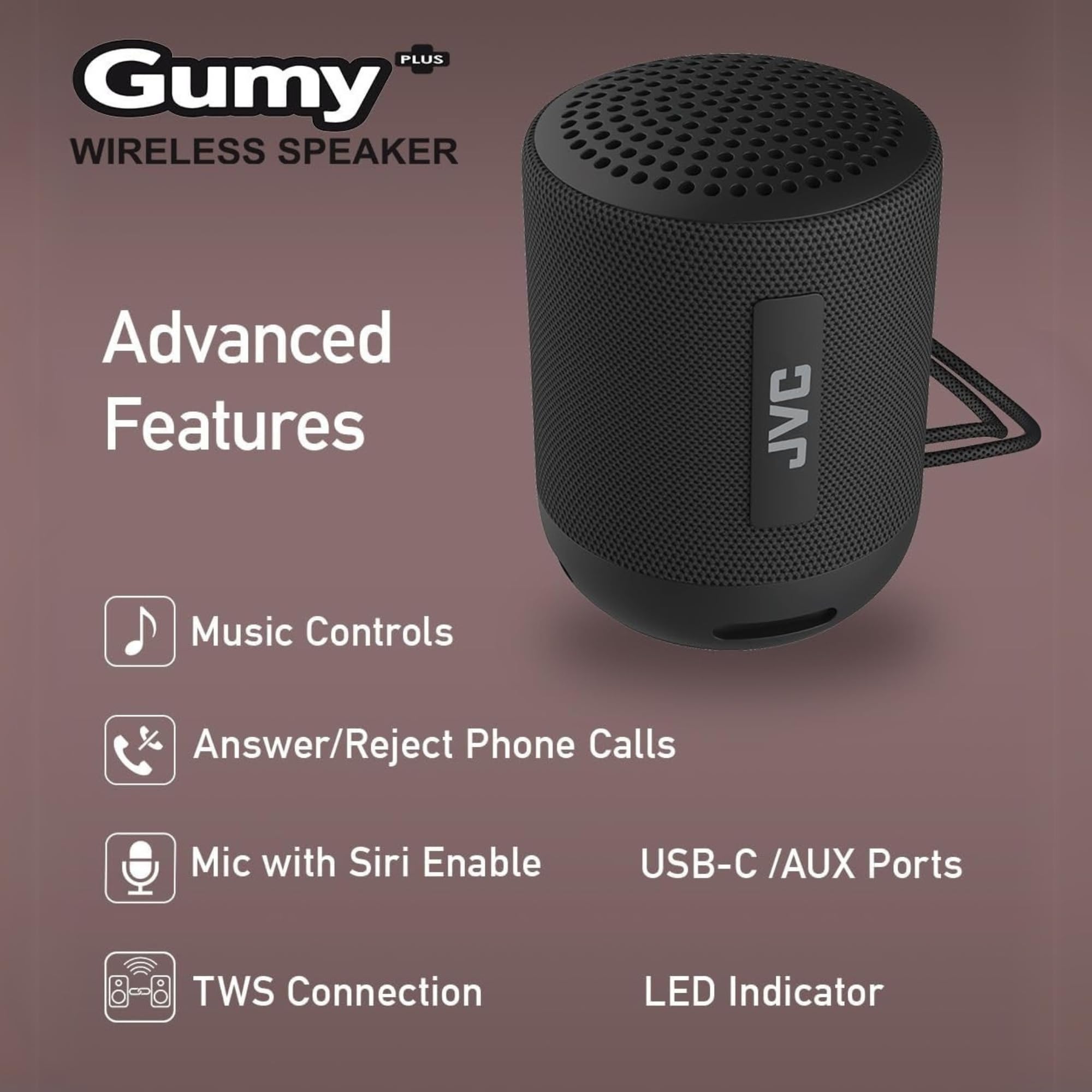 Jvc Gumy Portable Bluetooth 5.3 Speaker - Indoor/Outdoor Wireless - Waterproof For Travel & Home - 16Hr Playtime - Usb-C, Aux In