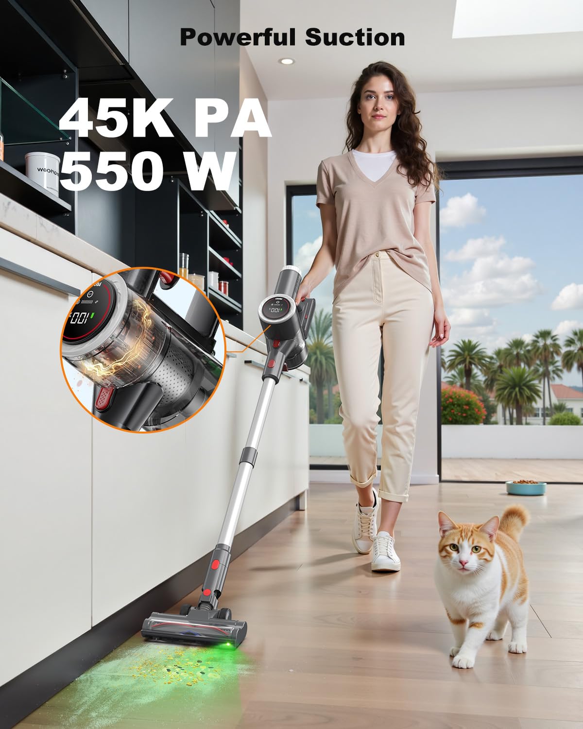 Cordless Vacuum Cleaner, 6-In-1 Lightweight Stick Vacuum With 45Mins Runtime, Led Display & Light, Self-Standing, Rechargeable C