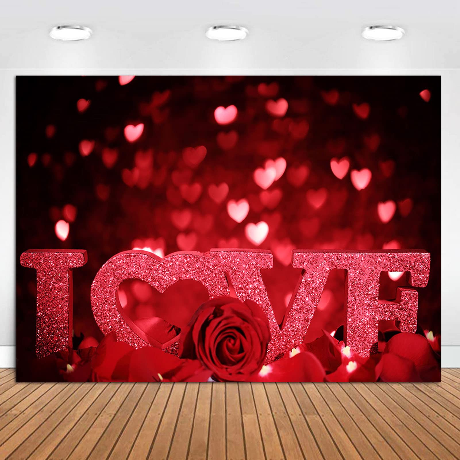 Fanghui Romantic Rose Valentines Day Photo Background 7x5ft Bokeh Red Heart Mothers Day Photography Backdrop Wedding Party Phot