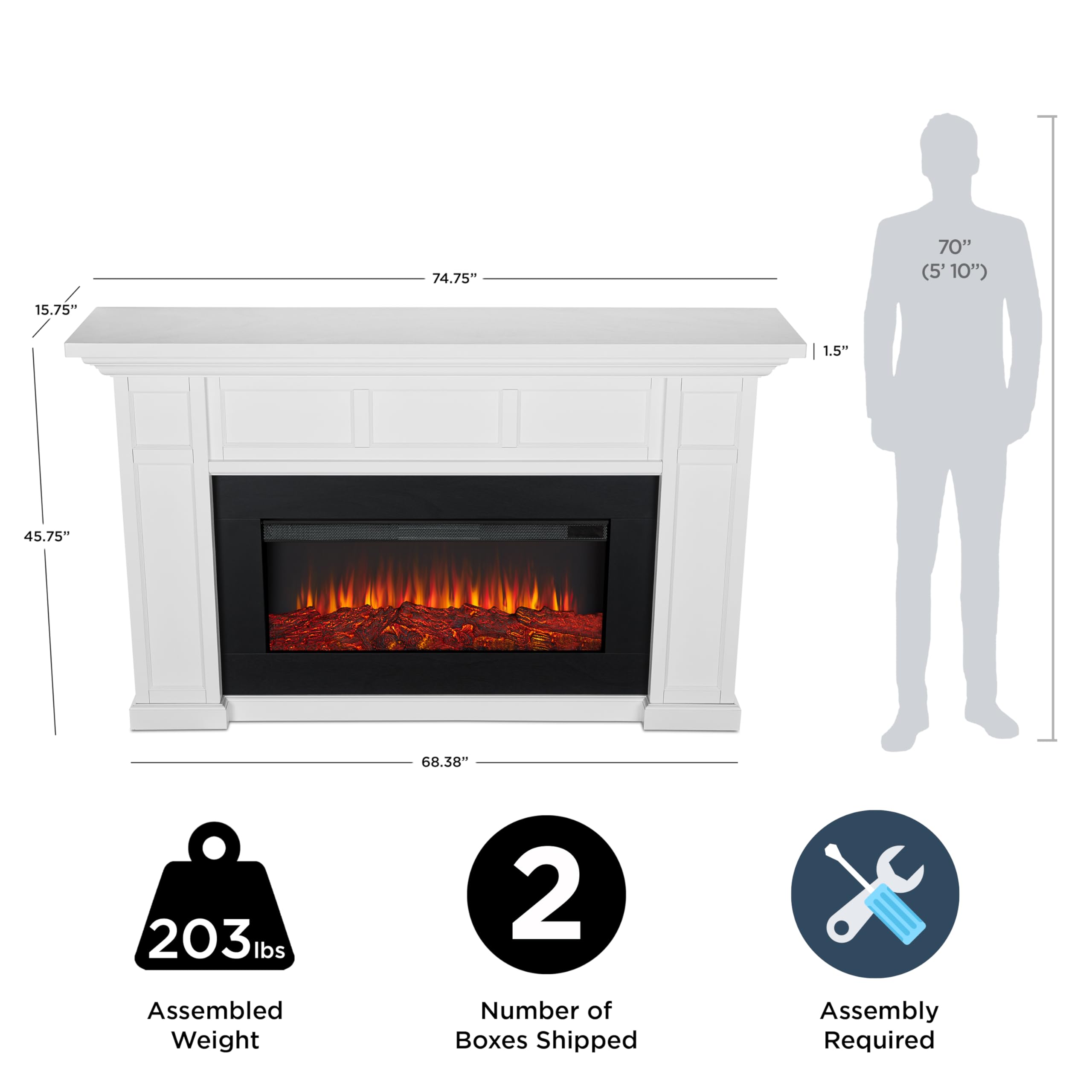 Real Flame Alcott 75    Electric Fireplace With Mantel For Living Room Or Bedroom, Replaceable Fireplace Insert Heater, Realisti
