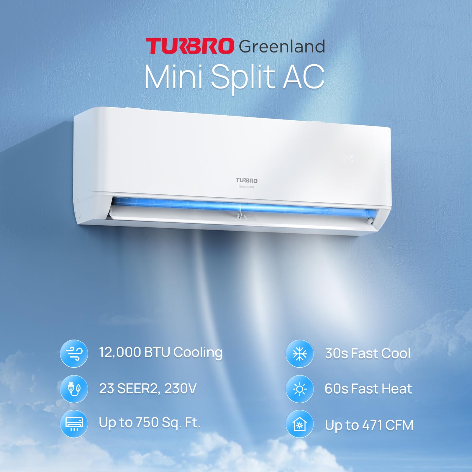 Turbro 12,000 Btu Ductless Mini Split Inverter Ac With Heat Pump, 23 Seer2, 230V, Wifi Enabled, Cools Up To 750 Sq.Ft, Energy St