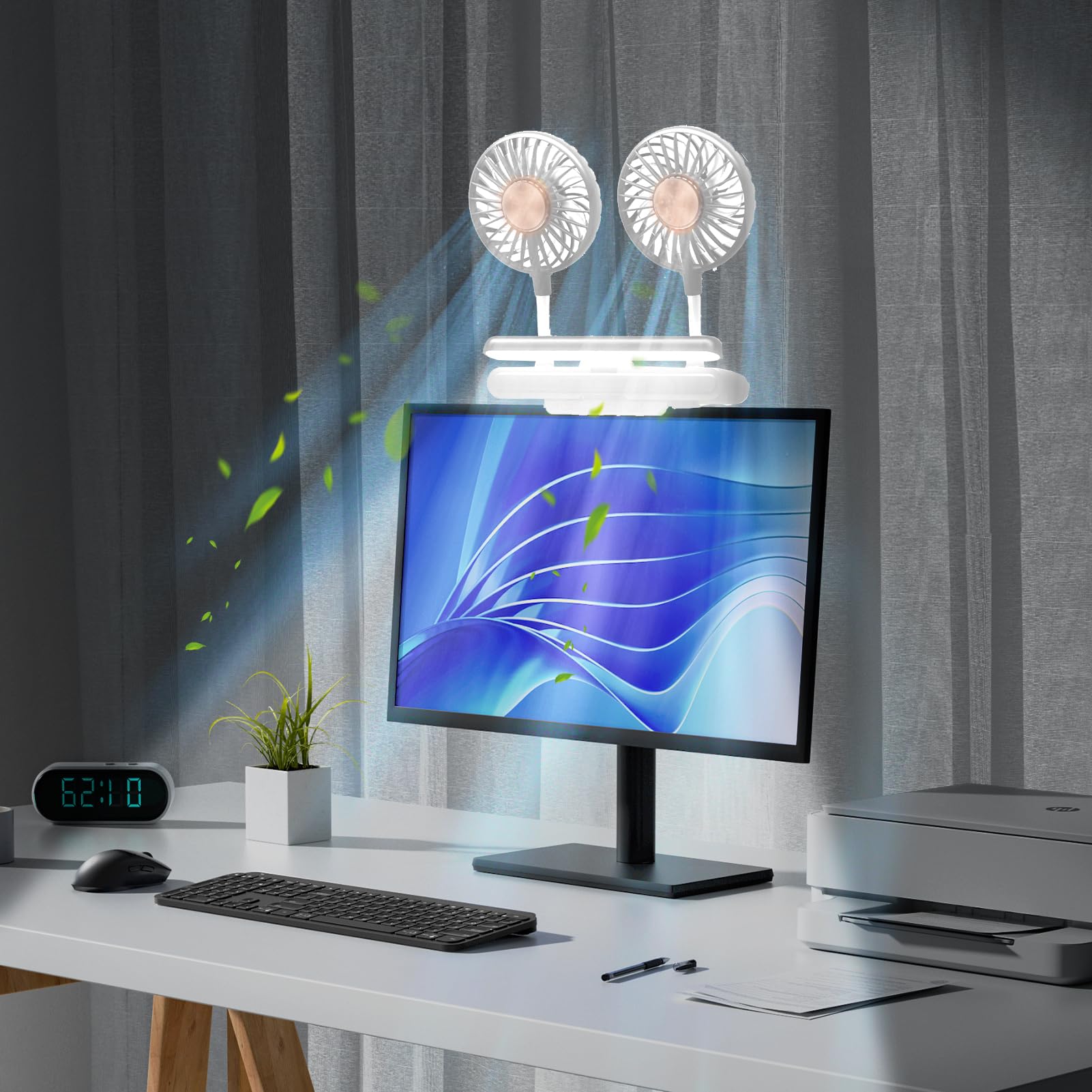 Usb Monitor Clip On Fan Via Flip Open Led Light Bar, Two Head Personal Cooling Fan Computer Monitor Fan Laptop Fan Quiet Usb Fan