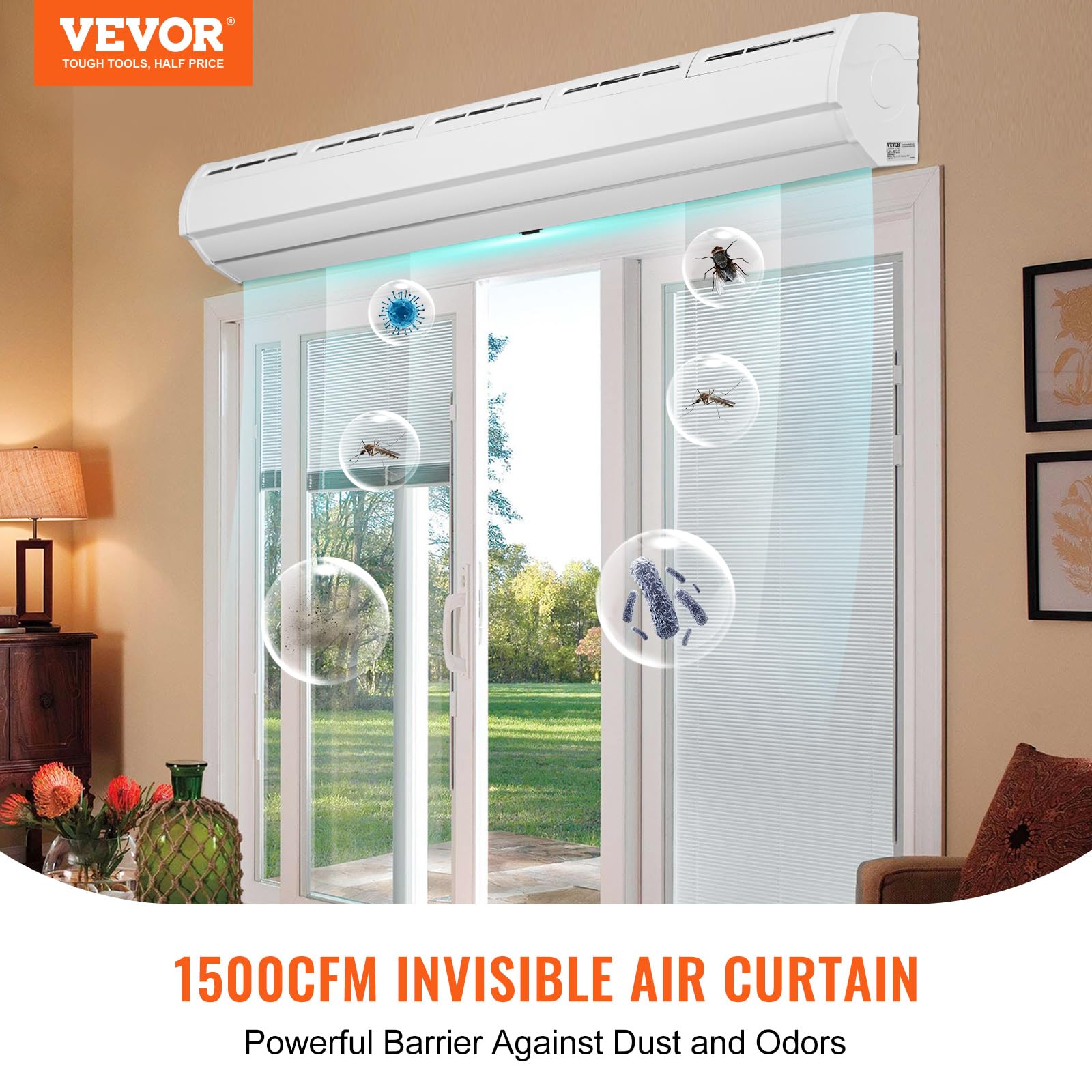 Vevor 60 Commercial Indoor Air Curtain Super Power 2 Speeds 1500Cfm, Wall Mounted Air Curtains For Doors, Indoor Over Door Fan W