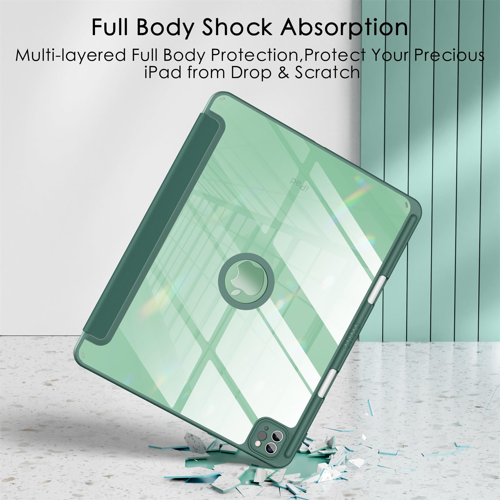 Soke Case For Ipad Air 13 M2 2024/Pro 12.9 (6Th/5Th/4Th Generation, 2022/2021/2020)   Pencil Holder+Auto Sleep/Wake+Camera Protection, Shockproof Back Cover For Ipad Pro 12.9 Inch, Midnight Green