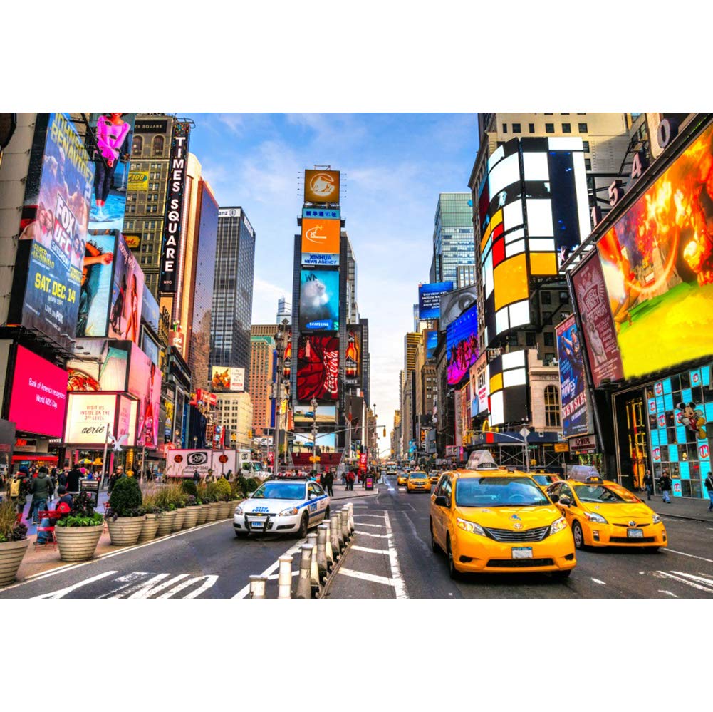 Laeacco 10X8Ft New York Times Square Background Modern City Skyscrapers Vinyl Photography Backdrops Clear Sky Various Advertising Board Yellow Taxi Car Financial District Film Shooting Video Studio