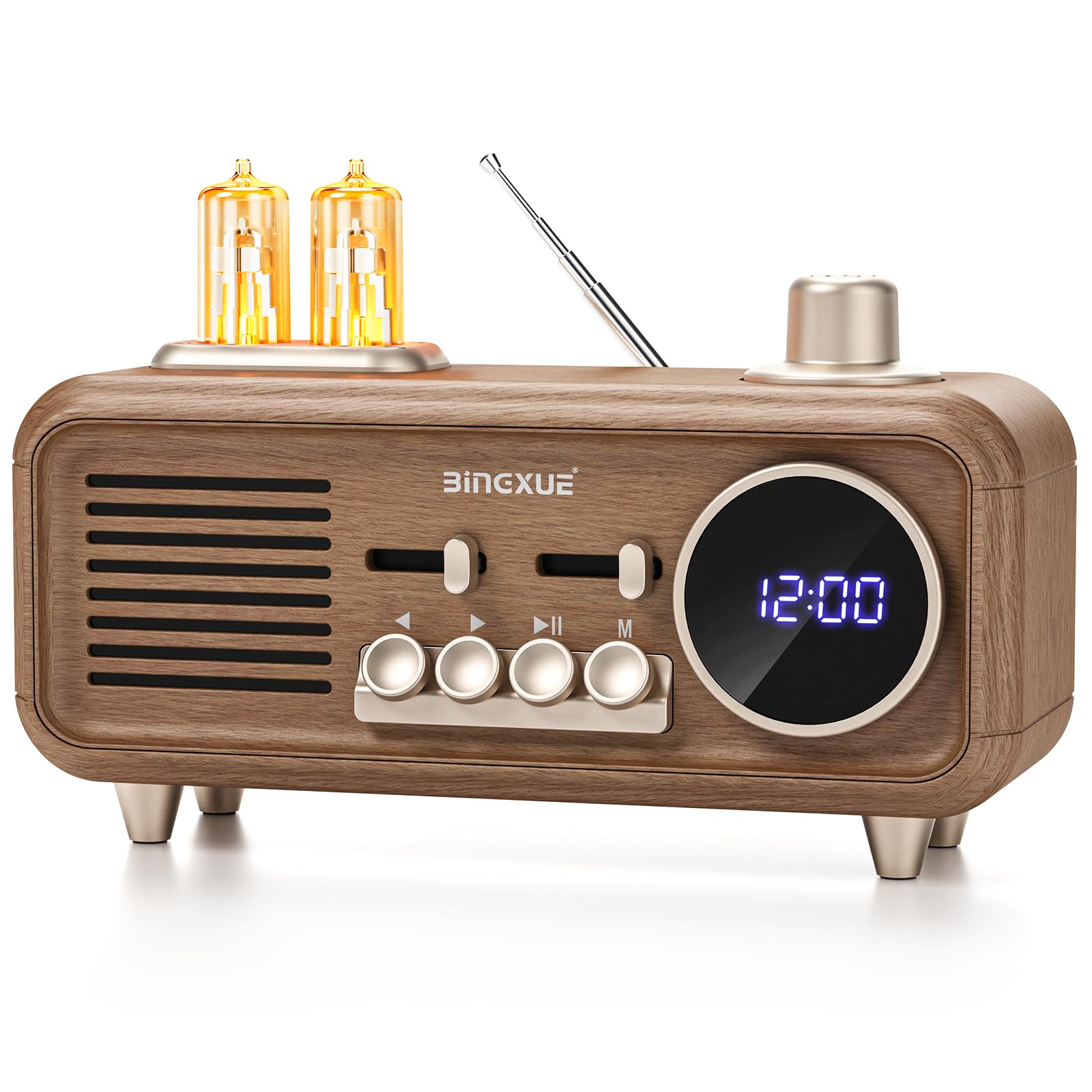 Portable Vintage Fm Radio With Clock, Retro Bluetooth Speaker Radios With 2 Warm Light, Toggle 12/24 H Display, Strong Reception
