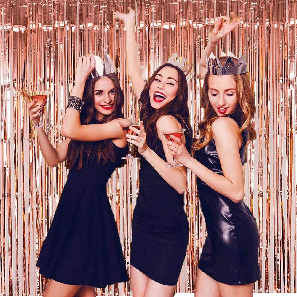3Pcs Rose Gold Metallic Tinsel Foil Fringe Curtains, Zapikic 3Ft X 8Ft Abcty Party Decor Backdrop For Birthday Wedding Engagemen