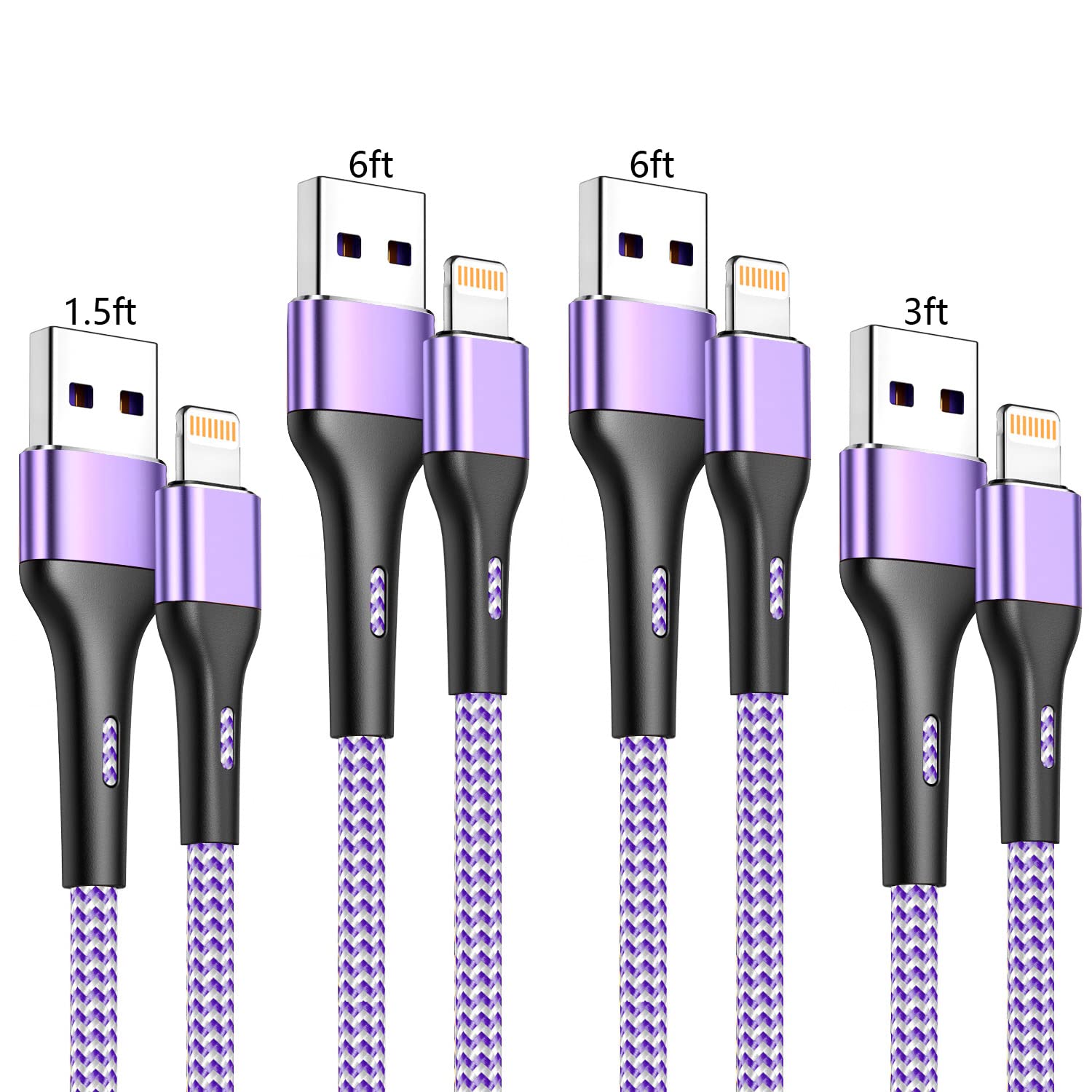 Iphone Charger 4Pack 1.5/3/6/6Ft, [Apple Mfi Certified] Lightning Cable 6 Foot Iphone Charger Cord Fast Charging Cable For Iphone 13 12 Pro Max Mini 11 Pro Xs Xr X 10 8 7 Plus 6S 6 Se Ipad Lightpurple