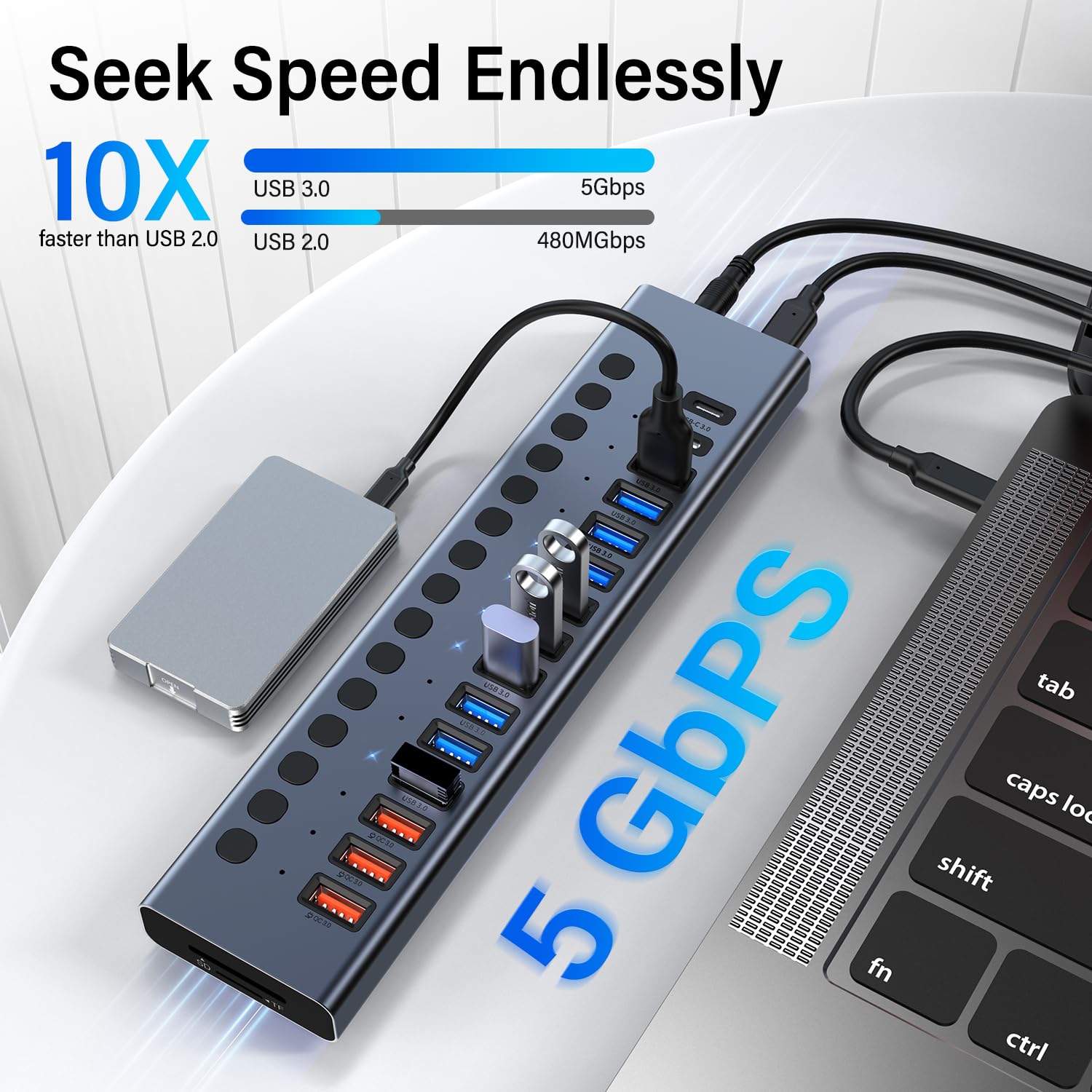 Powered Usb Hub, Vangree 17 Port 90W Usb 3.0 Splitter (10 Usb 3.0 Ports+3 Quick Charging Ports+2 Usb C 3.0 Ports+Sd/Tf Card Read