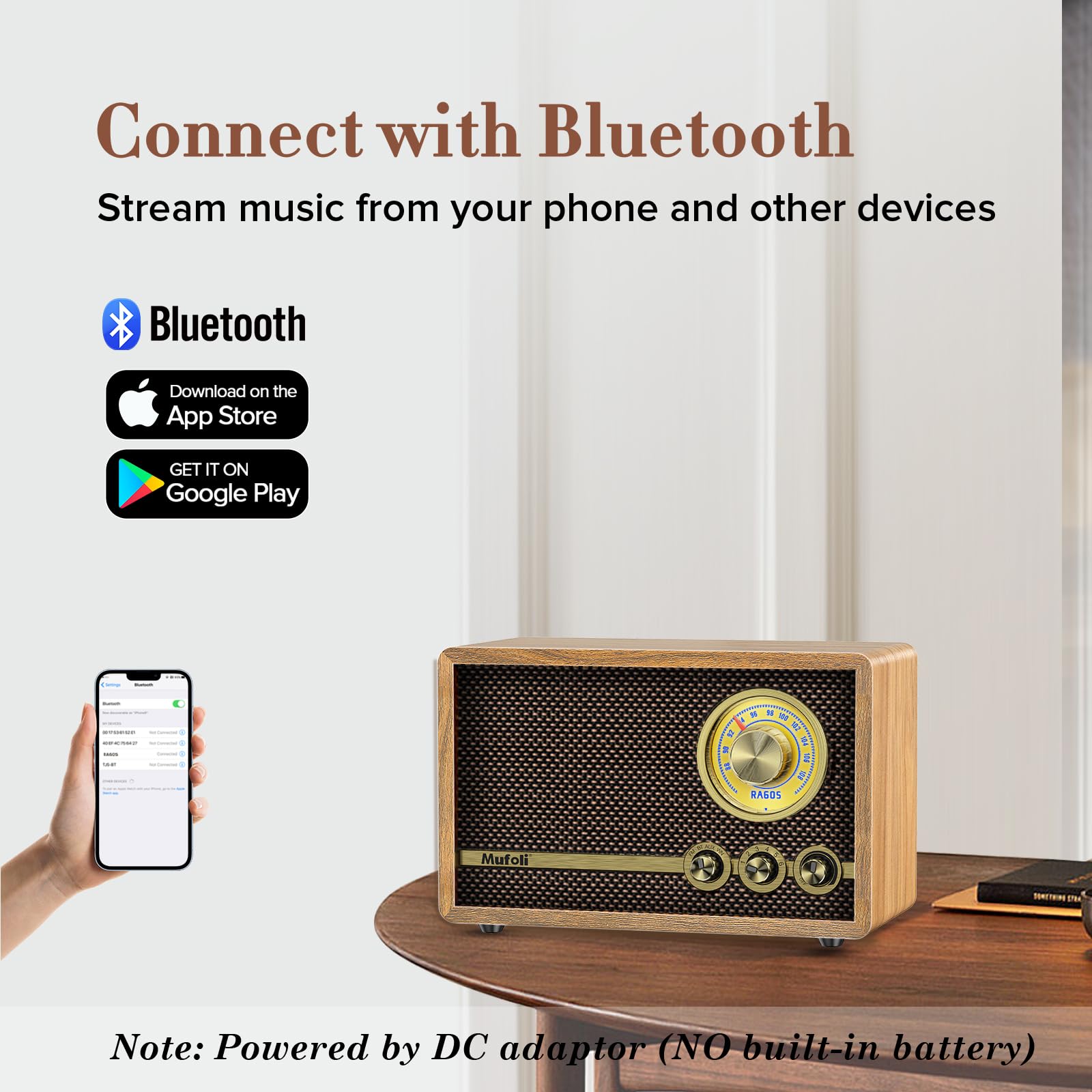 Mufoli Vintage Bluetooth Speaker, Wood Retro Radio With Bluetooth For Office, Home, Bedroom, Living Room, Office, Cafe, Radio Sp