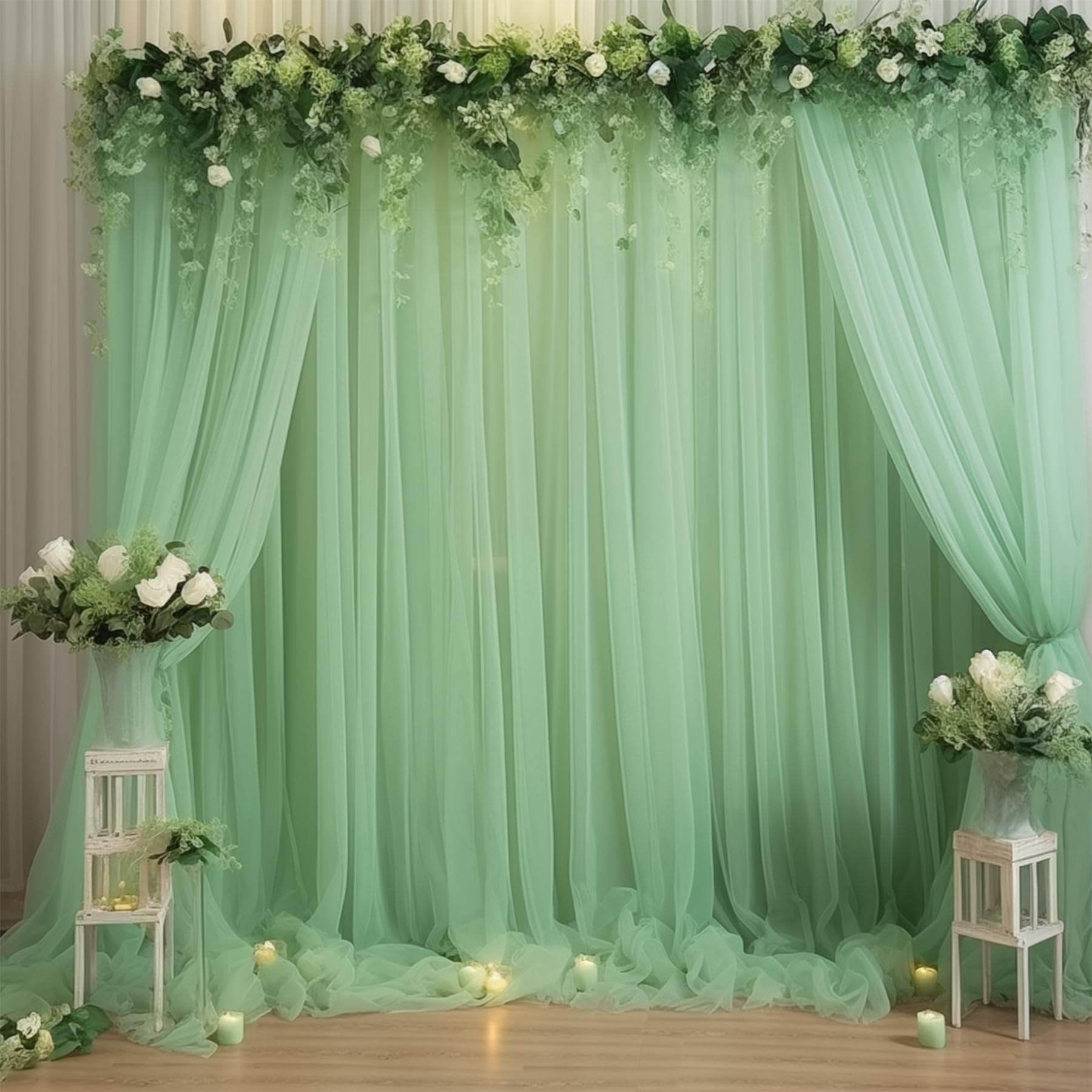 20X10 Green Tulle Backdrop Curtains For Parties, Sheer Backdrop Curtain Wedding Photo Backdrop Drapes For Baby Shower Photograph