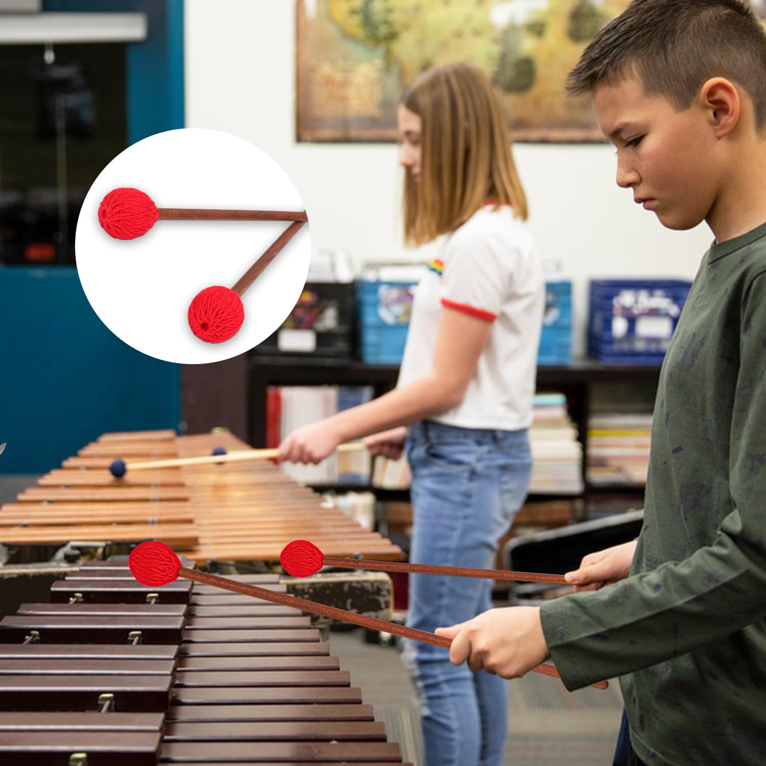Geytetqi 2 Pair Red Marimba Mallets   Professional Marimba Mallets Set With Yarn Mallets And Birch Handle,Medium Hard Mallets, I