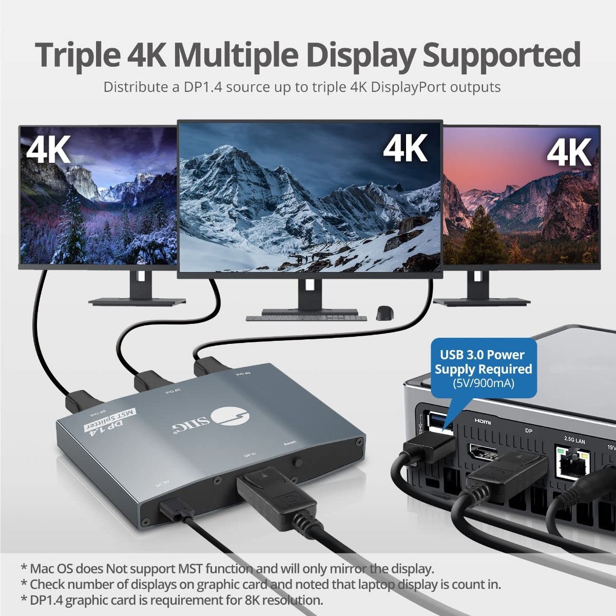 Siig 3-Port Displayport 1.4 Splitter 4K @30Hz- Dp 1.4 To 3X Dp Multi Monitor Adapter- Dual 4K60Hz Or Triple 4K (4K30Hz Or 1X 4K6