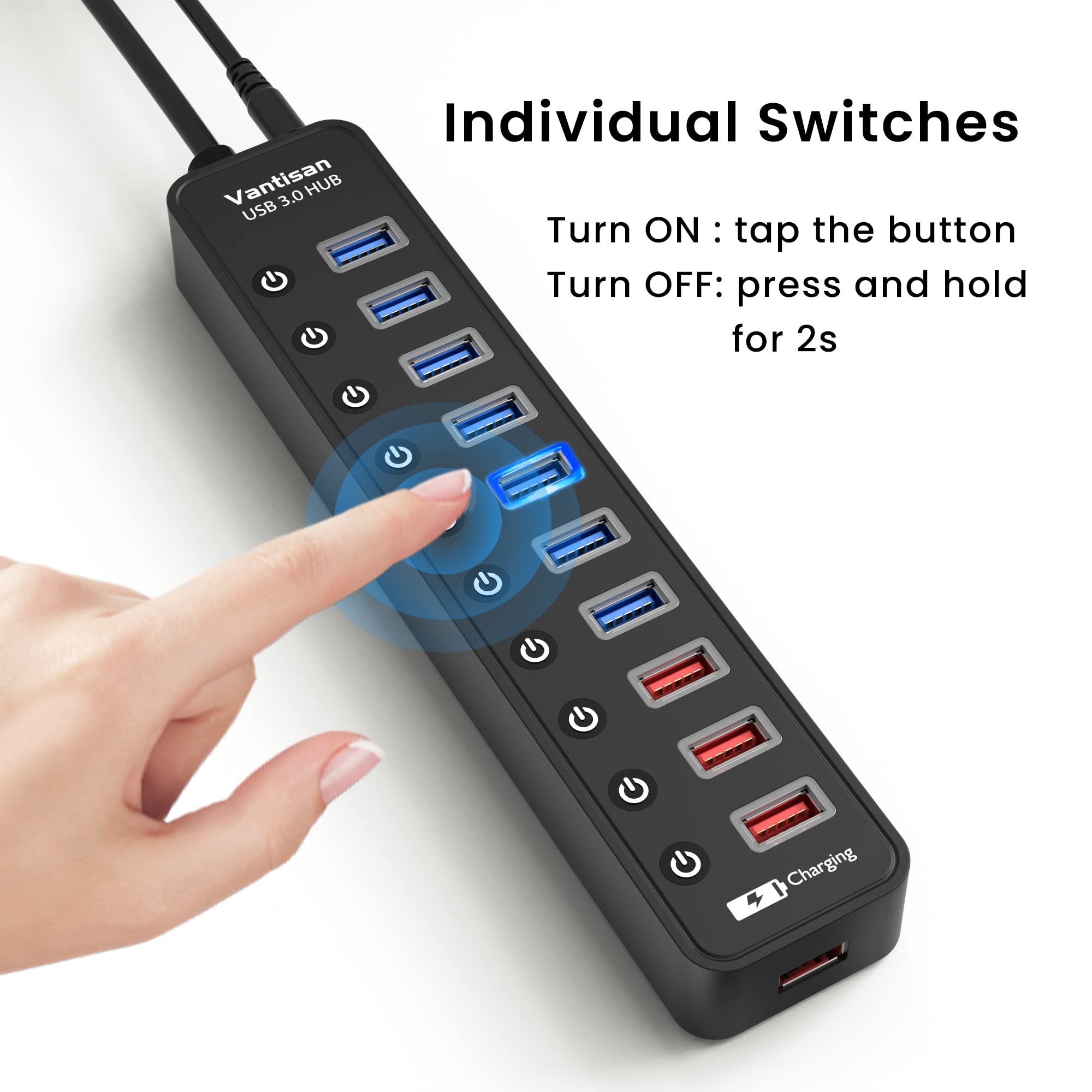 Vantisan Powered Usb 3.0 Hub, 11 Port Usb Hub Splitter Extension 7 Usb 3.0 Data Ports + 4 Smart Charging Ports With Individual L