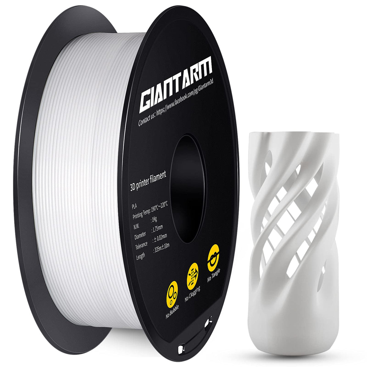 Giantarm 3D Printer Filament, White Pla Filament, 1Kg(2.2Lbs) Spool, 1.75Mm Dimension Accuracy +/  0.03Mm, 3D Printing Filament