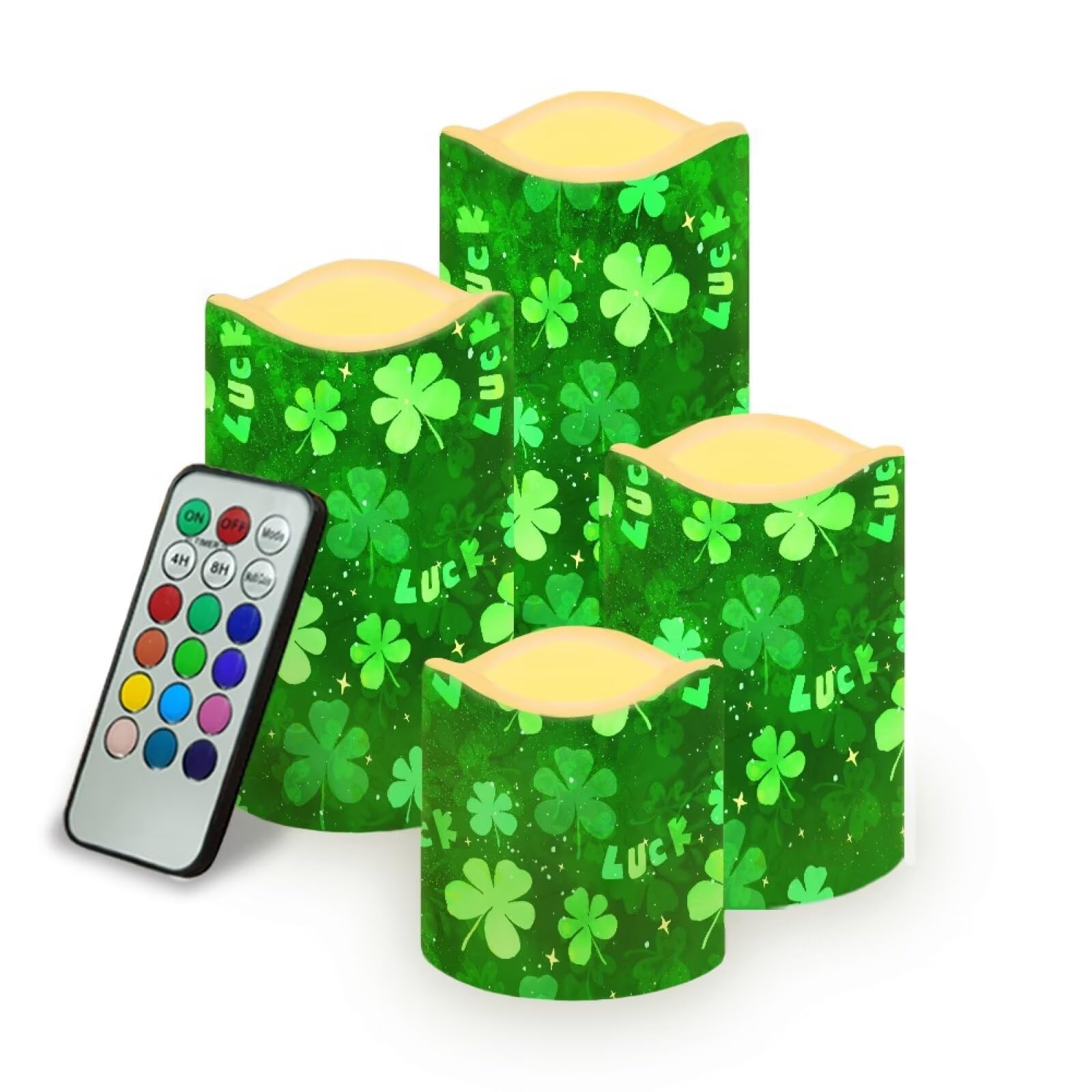 Uorisanigo Saint Patricks Day Green Leaf Plastic Flameless Candles with Remote Control and Timer LED Flickering Battery Operate