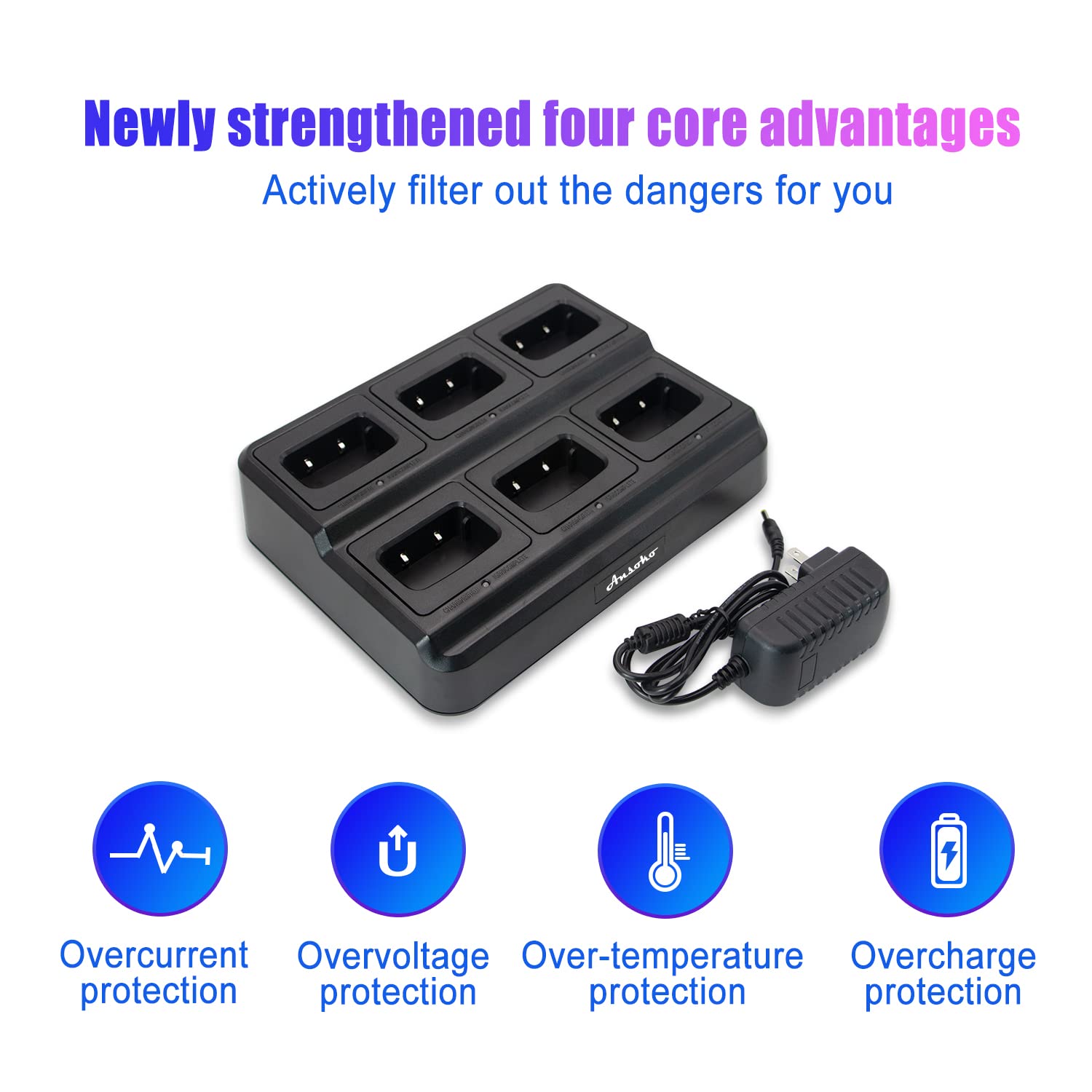 Ansoko Walkie Talkies For Adults Long Range Rechargeable 2 Way Radio Walkie Talkie With 6 Bank Gang Charger And Spare Batteries