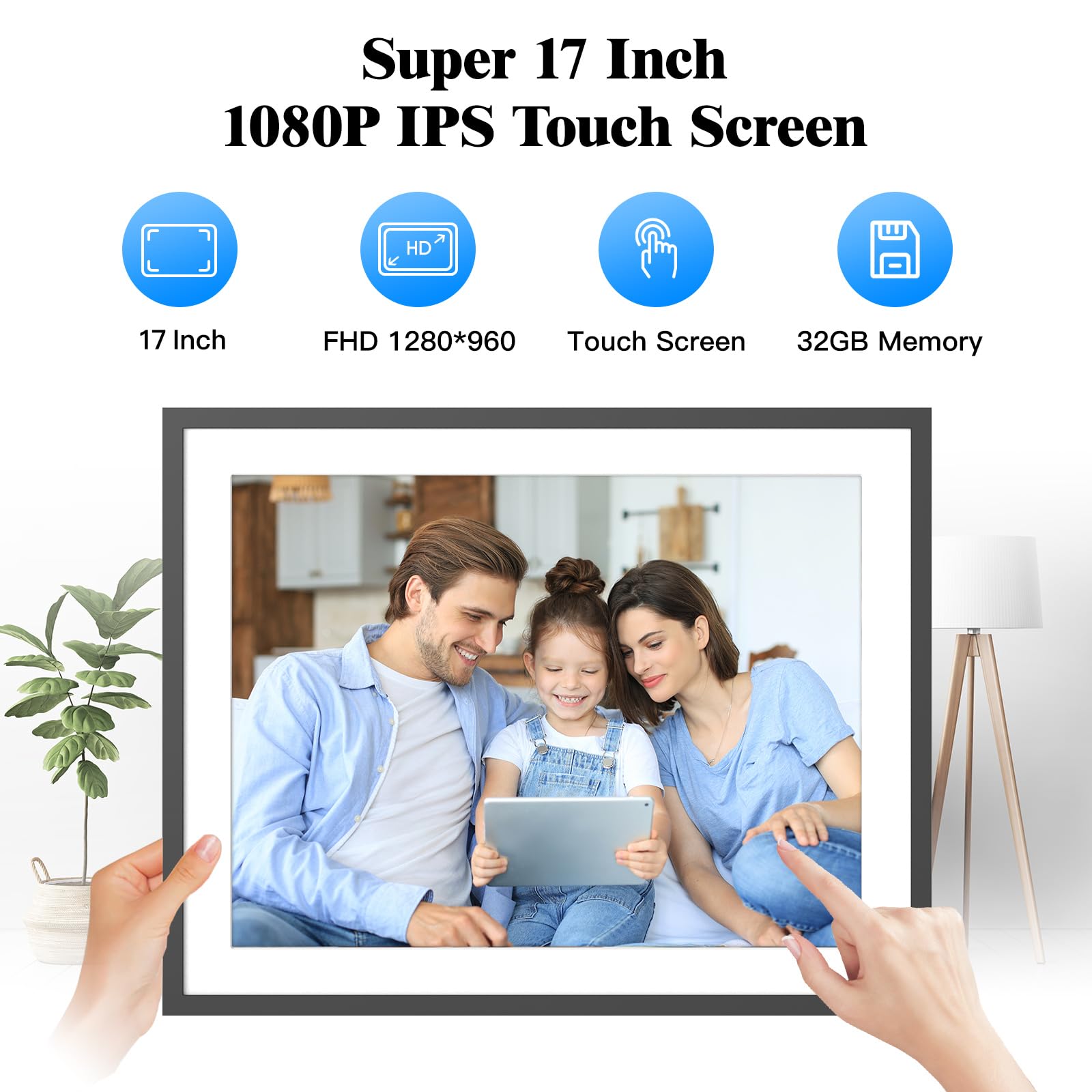 17'' Digital Picture Frame Large Electronic Photo Frame   32Gb Wall Mounted Wifi Smart Picture Frame, Touch Screen, Motion Senso