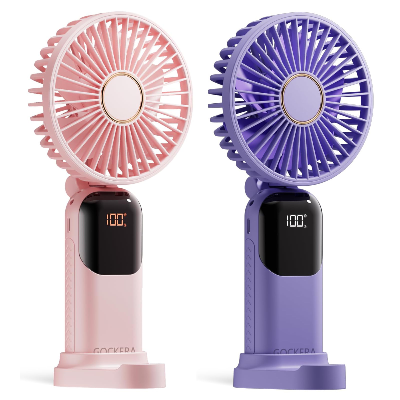 GOCKERA Portable Fan, 4200mAh Battery Operated Fan, 5 Speeds&Digital Display, Makeup Fans for Women with Base, 180Foldable 3in1 
