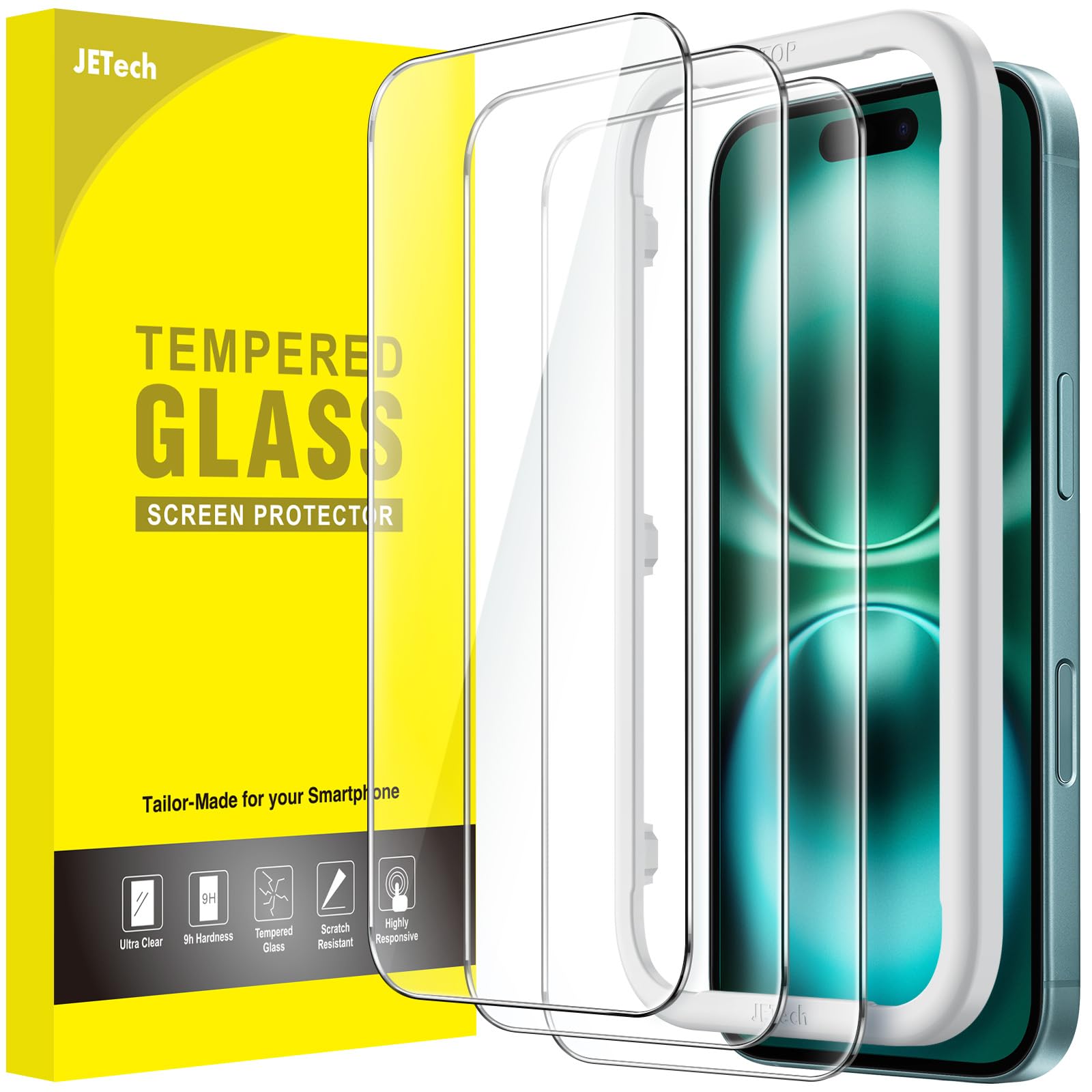 Jetech Screen Protector For Iphone 16 Plus 6.7 Inch, Tempered Glass Film With Easy Installation Tool, Case Friendly, Hd Clear, 3