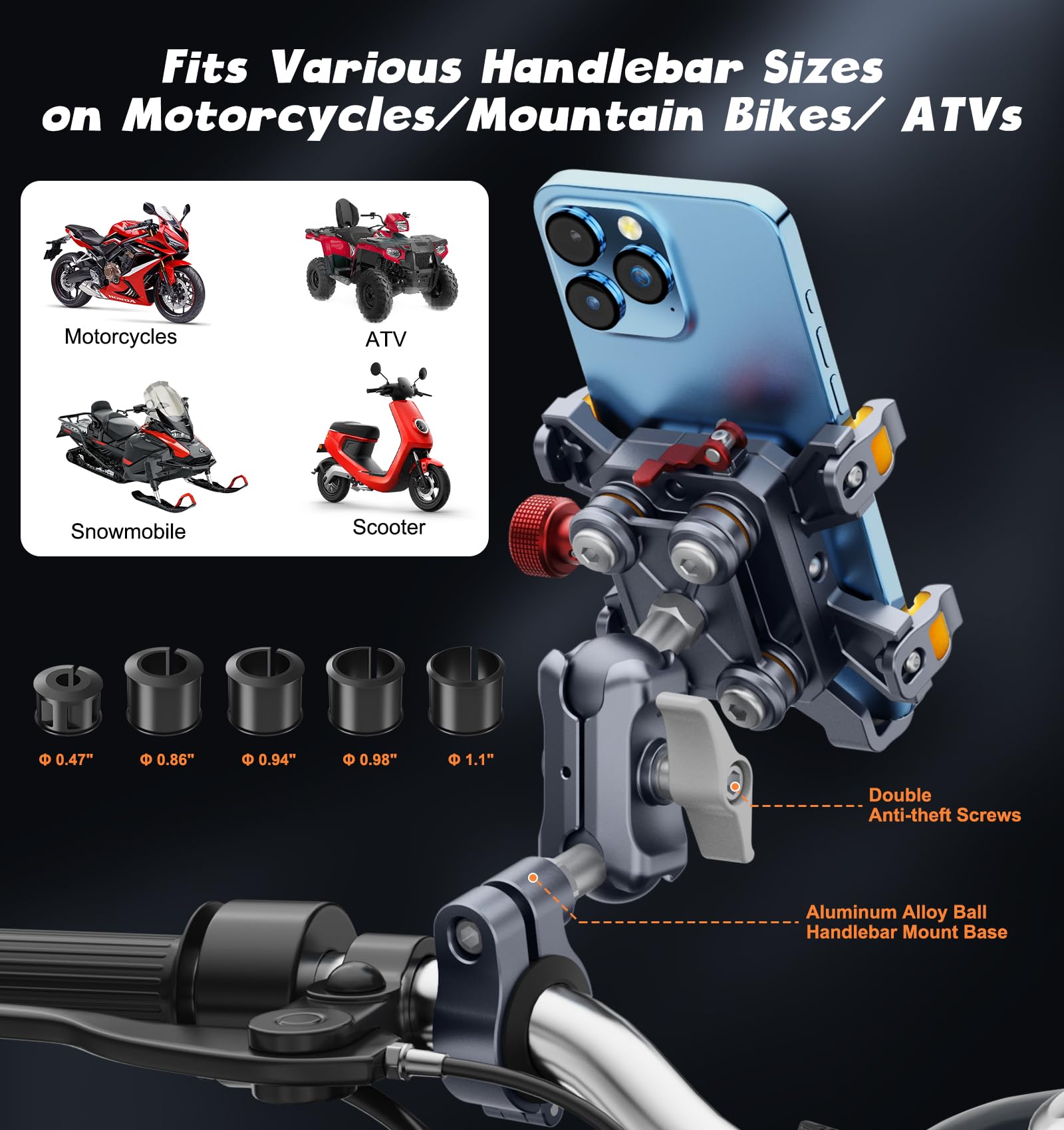 Kaishengyuan Motorcycle Phone Mount With Vibration Dampener & High-Speed Secure Lock, One-Push Anti-Theft Phone Cradle Handlebar